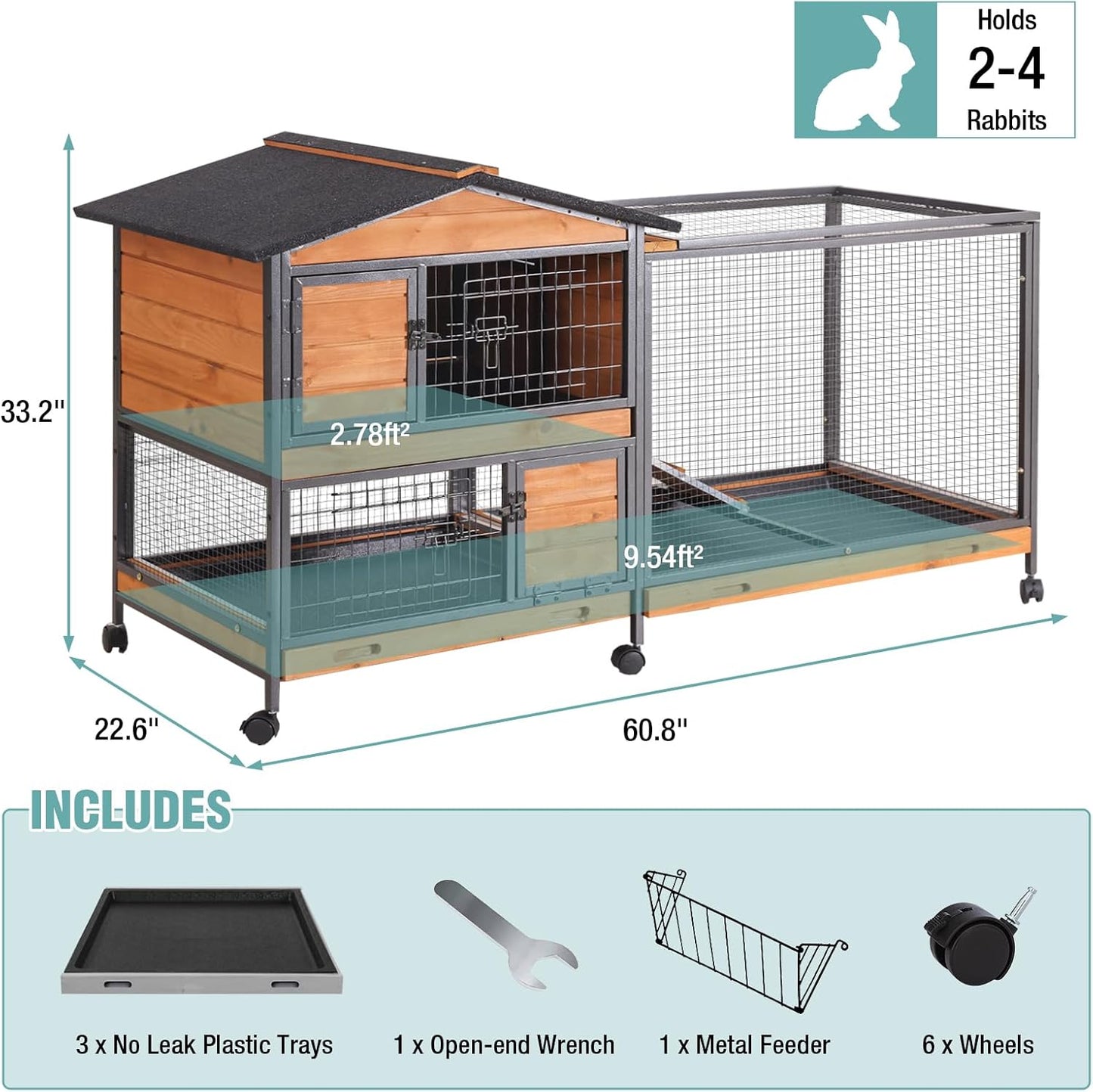2-Story Rabbit Cage with Chew-Proof Metal Frame for Indoor/Outdoor - 62" Bunny Hutch Guinea Pig Cages with 6 Locking Wheels & 2 Removable Trays for Rabbits/Guinea Pigs