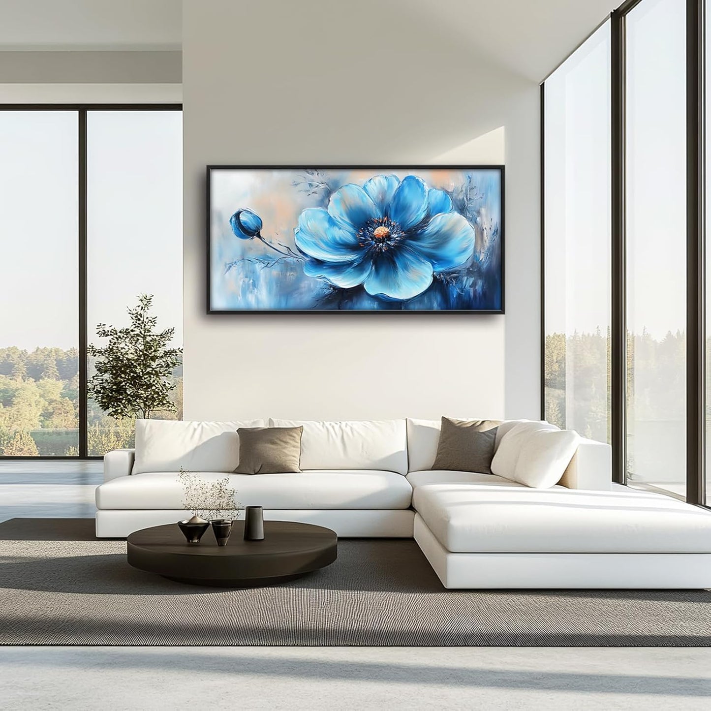 Extra Large Abstract Blue Flower Framed Wall Art for Living Room,Oversized Elegant Floral Pictures Wall Decor,Canvas Print Painting Modern Artwork Bedroom Office Bathroom 60L" x 30W"