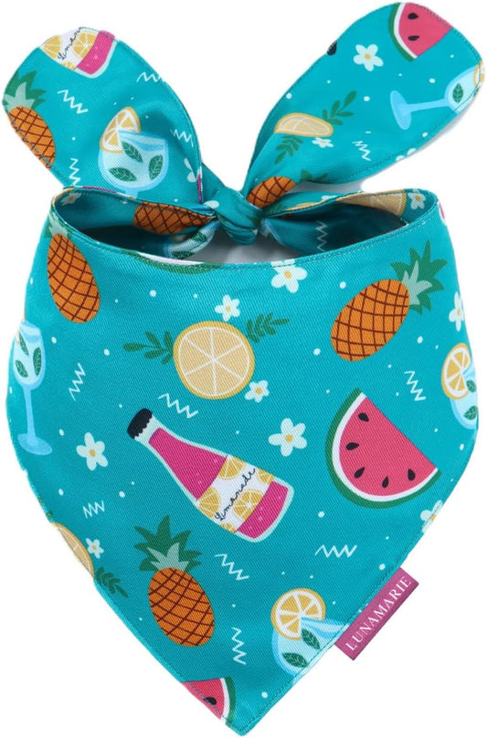 LunaMarie - Luxury Pet Birthday Bandanas -Premium & Silky Poly Fabric | 100% Handmade | Custom Shape Dual Layered (Sippin' Poolside, Large)