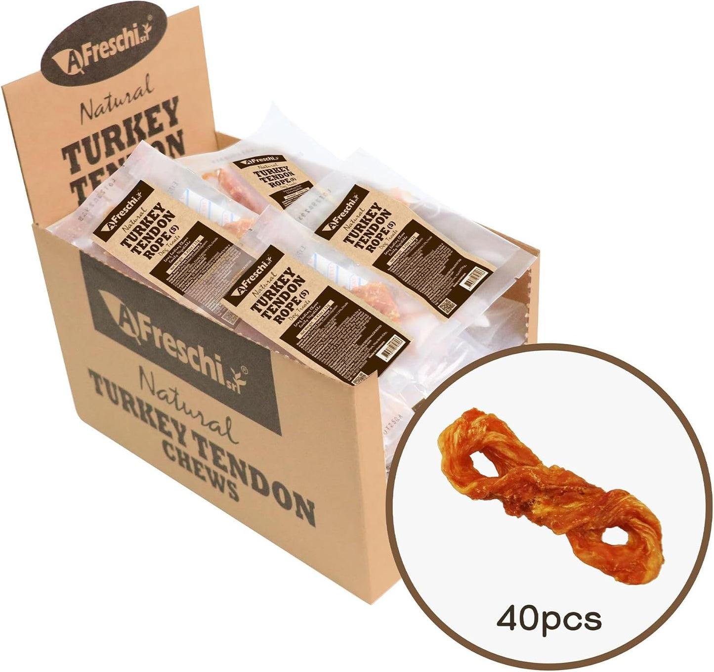 Afreschi Natural Turkey Tendon Rope (S) 40 Units/Box, Dog Treats for Signature Series, All Natural Human Grade Puppy Chew, USA-Sourced Turkey Tendon, Hypoallergenic, Rawhide Alternative