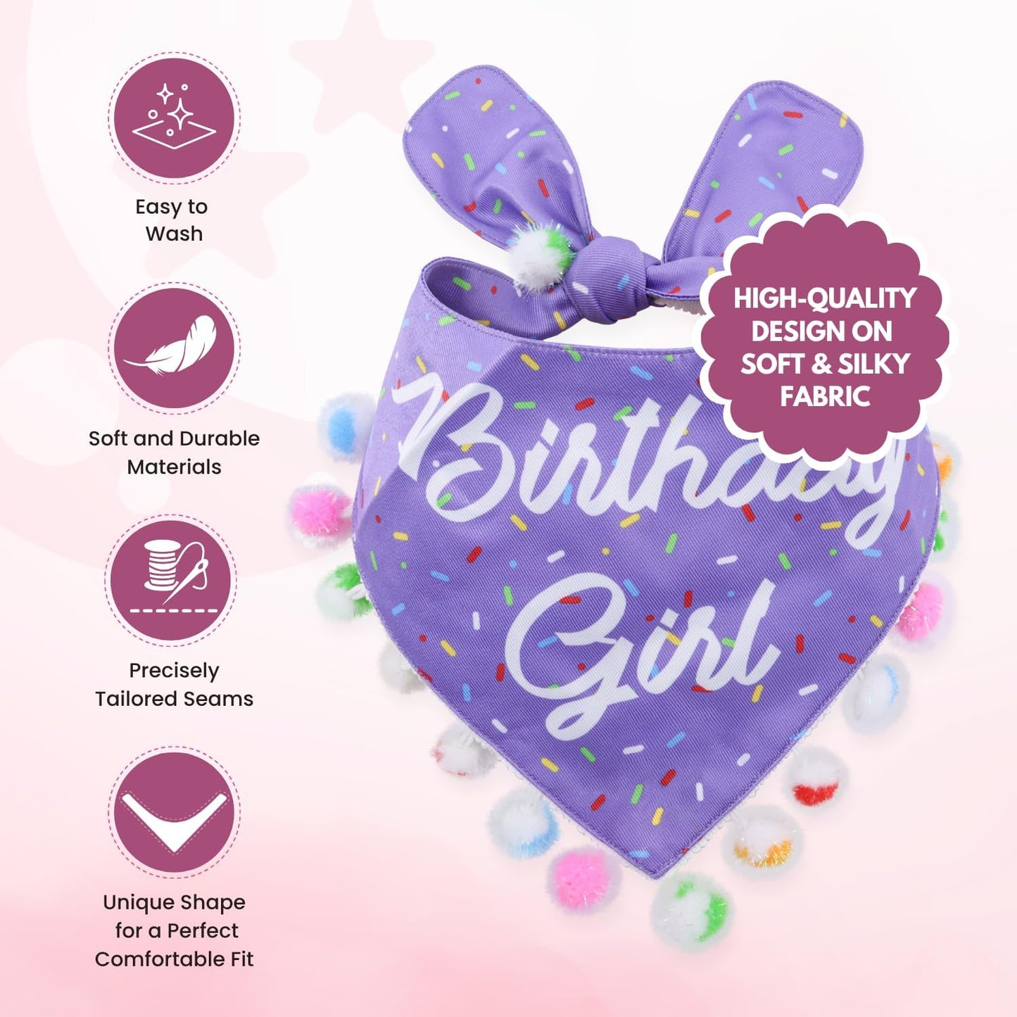 LunaMarie - Luxury Pet Birthday Bandanas -Premium & Silky Poly Fabric | 100% Handmade | Custom Shape Dual Layered (Birthday Girl Purple, Small)