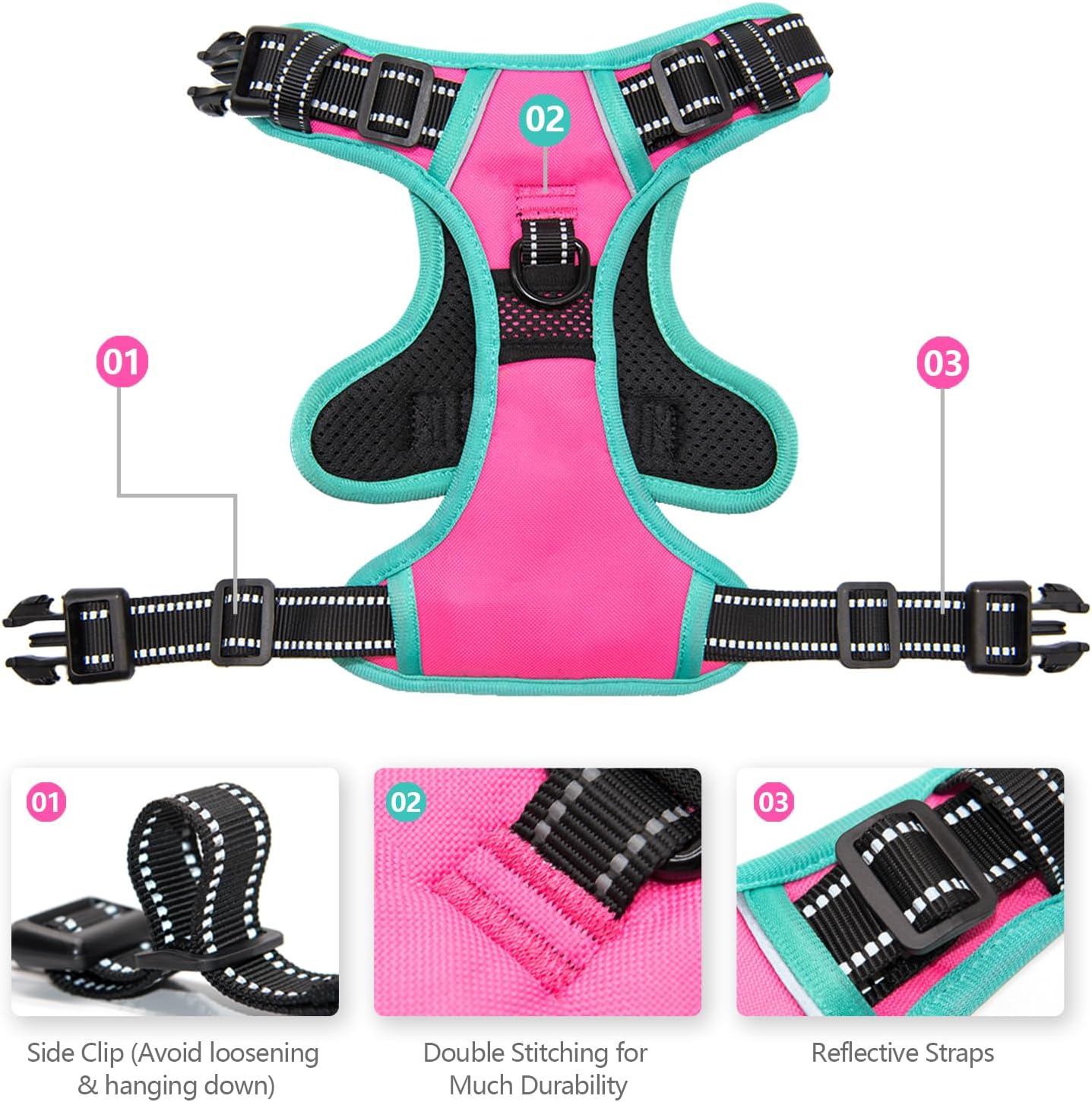 PHOEPET 2019 Reflective Dog Harness Large Breed (XL, Pink)