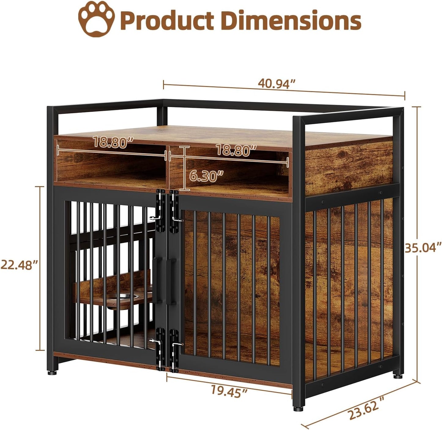 Furniture Style Dog Crate with Storage, 41 Inch Dog Crate Furniture with Double Doors, 2 Stainless Steel Bowls, Dog Crate Furniture-Style Crate for Large/Medium Dog
