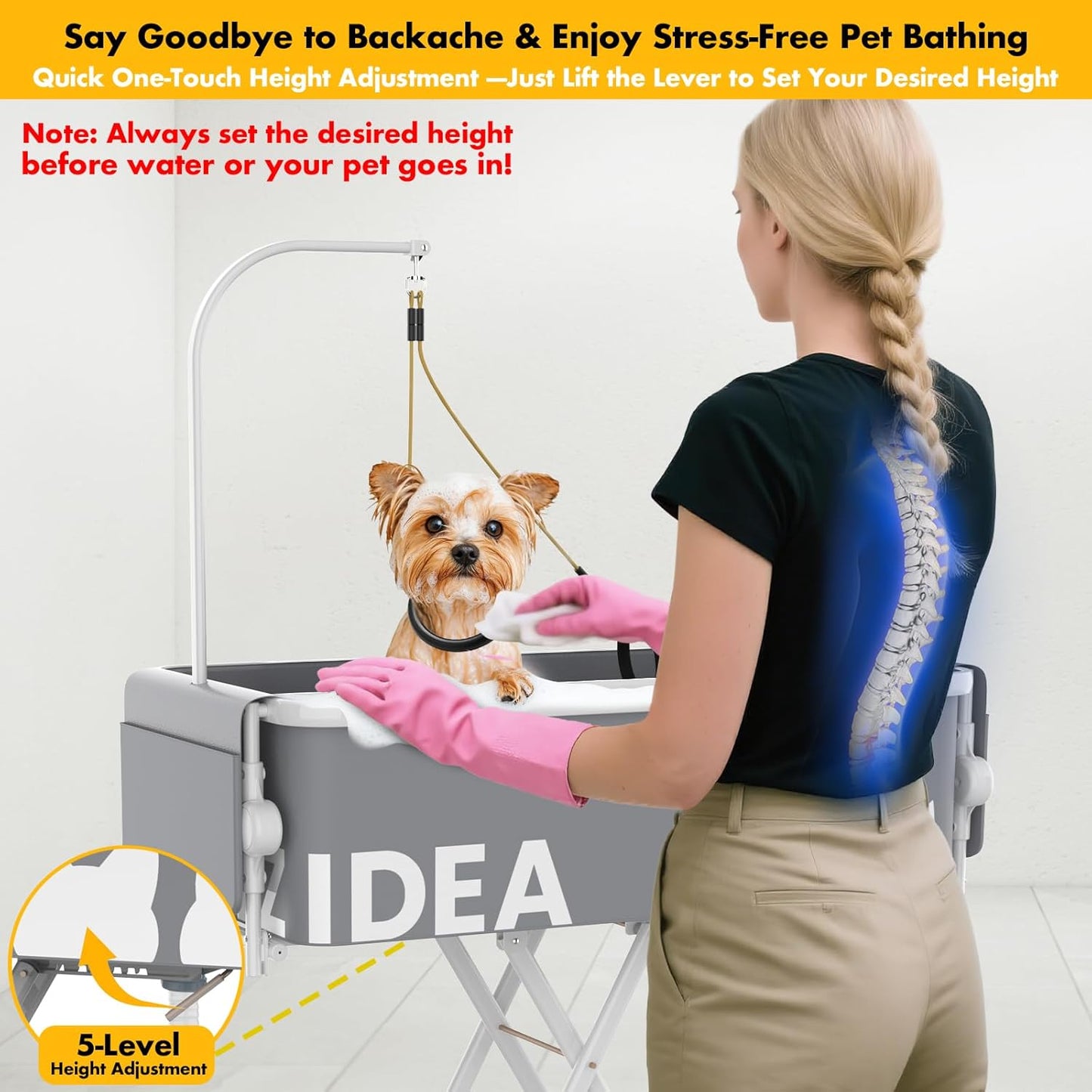 PAWZIDEA 2-in-1 Portable Dog Bathtub & Grooming Table, 33" Foldable Pet Washing Station for Small Medium Dogs Cats, Elevated Tubs for Bathing Shower Indoor Outdoor, 5 Height Adjustable, Storage Pocket