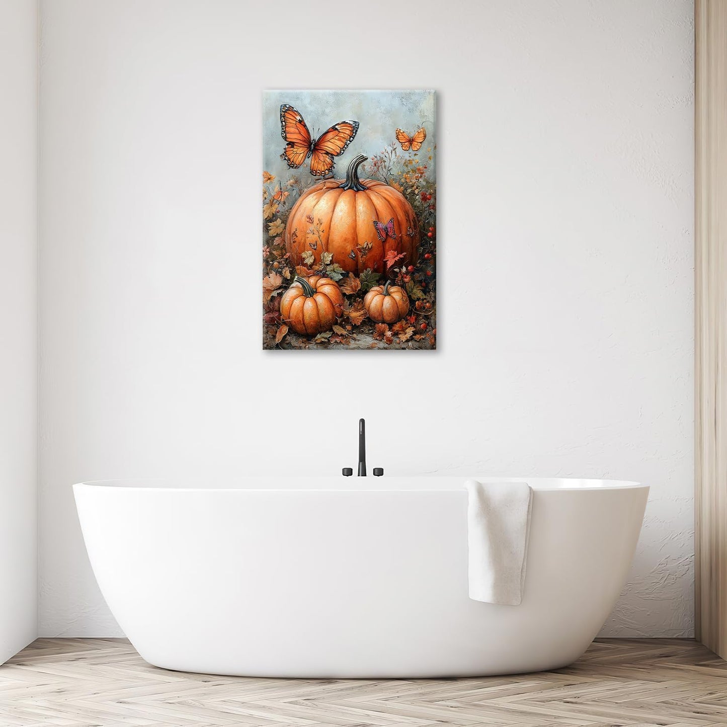 Fall Pumpkin Pictures Wall Art, Rustic Thanksgiving Bathroom Wall Decor, Farmhouse Autumn Butterfly Framed Painting Canvas Artwork for Harvest Gift Bedroom Living Room Decorations 24"L x 16"W