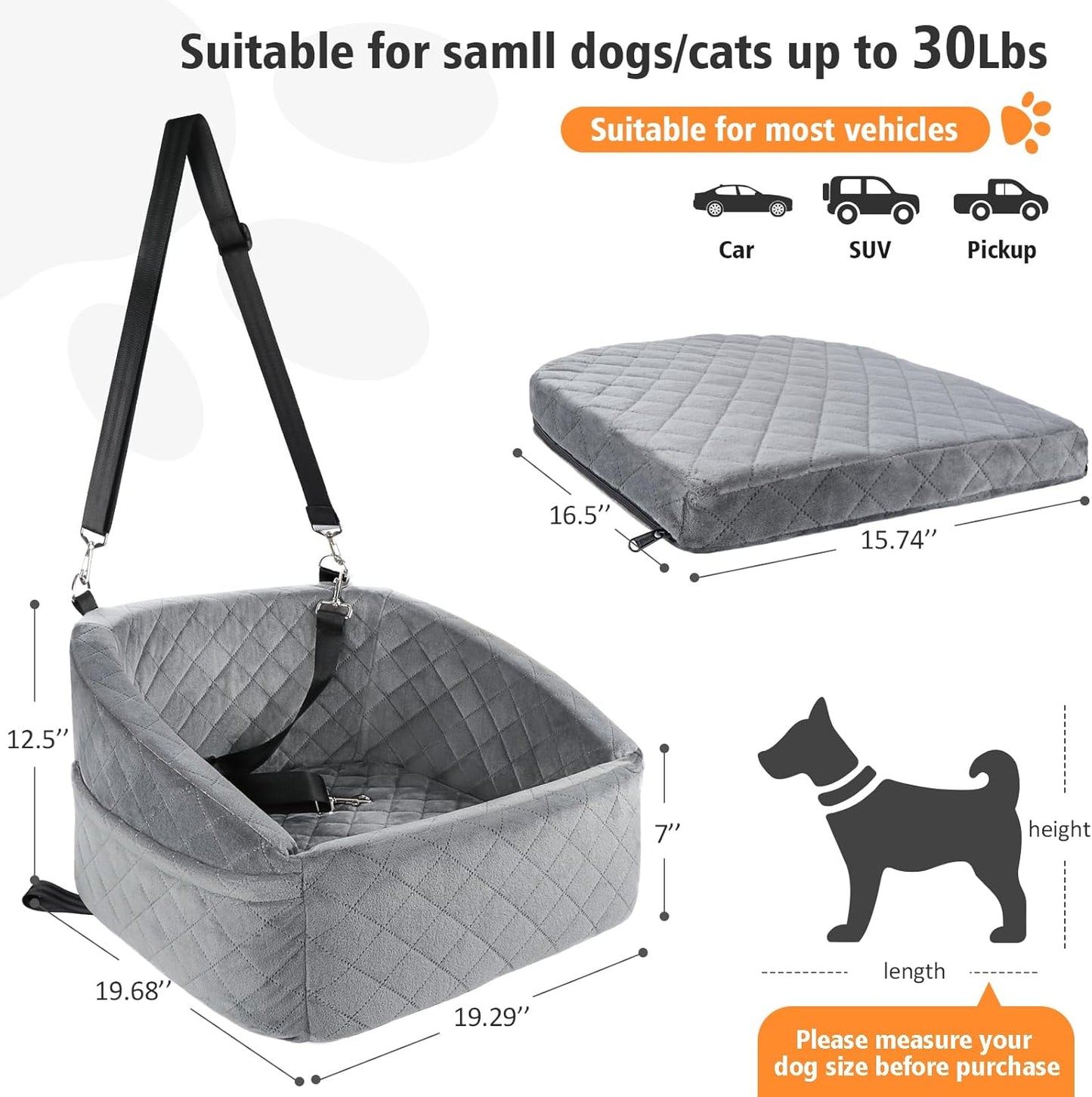 Dog Car Seat for Small Dogs,Detachable Washable Dog Booster Seat for Medium Dogs Under 30lbs, Pet Car Seat Travel Bed with Storage Pockets and Dog Safety Belt (Grey)