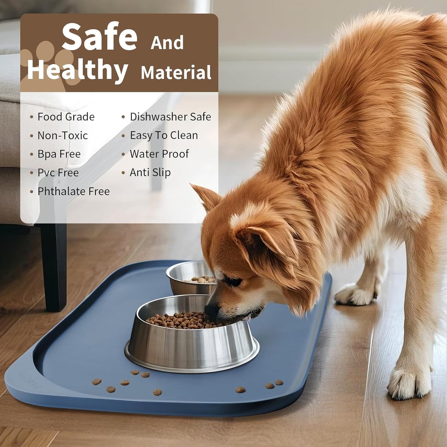 Silicone Pet Feeding Mat with Raised Edge & Residue Collection Pocket for Food and Water, Dog Bowl Mats, Cat Bowls Placemat with High Lip for Floor Waterproof, 22 x 14 x 0.8 Slate Blue