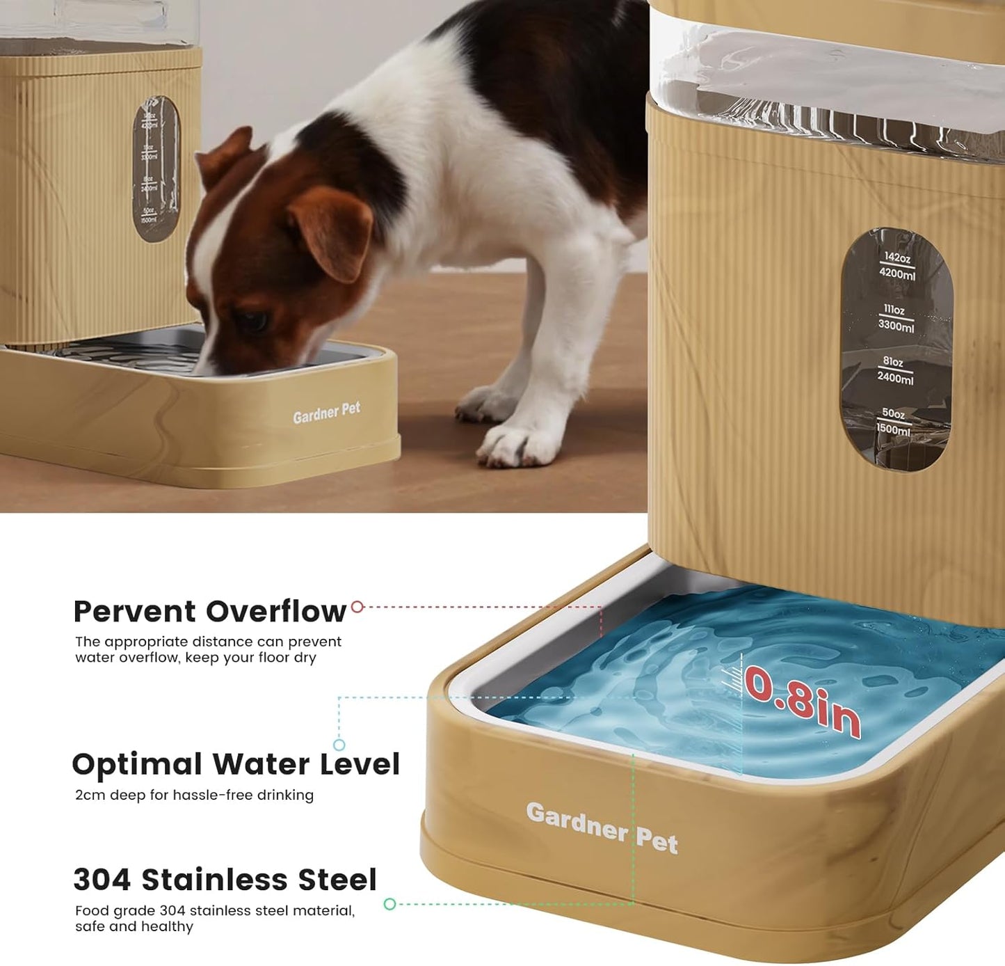 Gardner Pet Automatic Dog Water Dispenser Gravity Waterer with Stainless Steel Bowl Water Dispenser 6.5L Large Capacity Water Feeder for Dogs Cats Pets, BPA-Free Noise-Free (Light Brown, 6.5L)