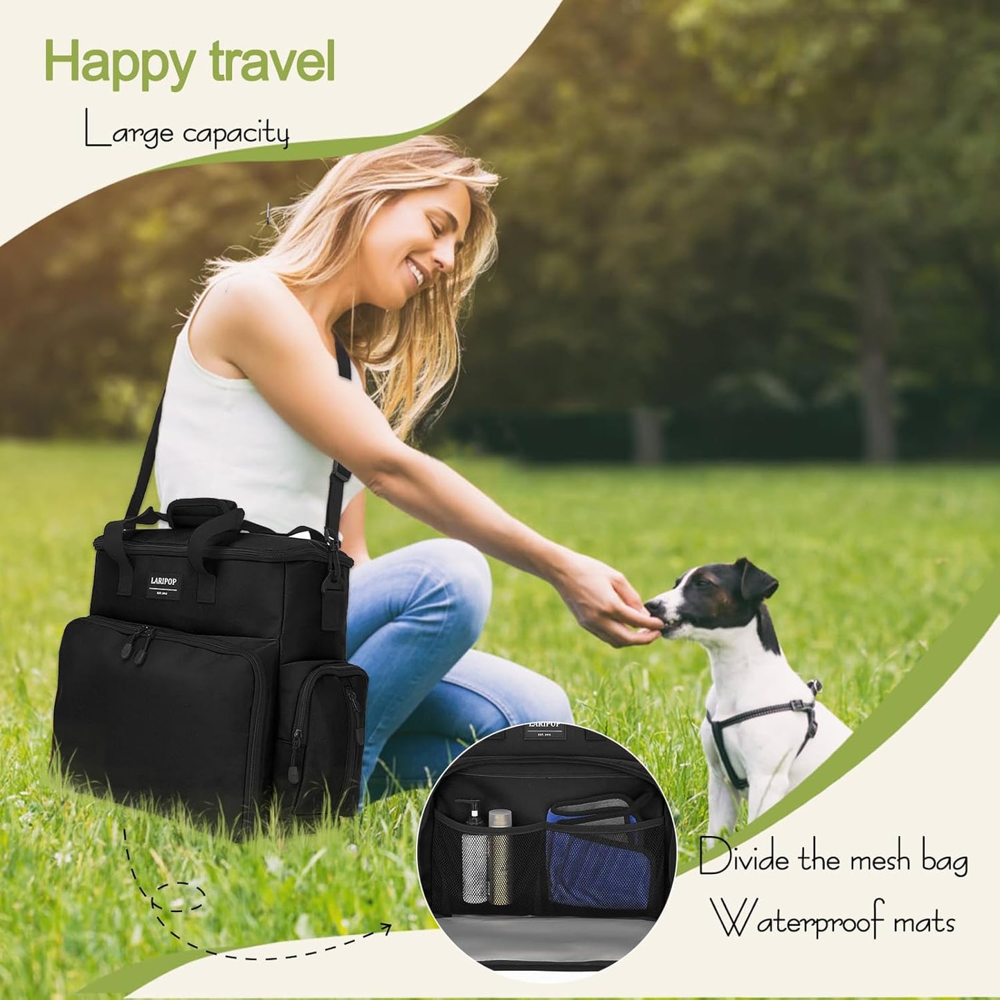 Dog Travel Bag,Weekend Pet Travel Bag Set for Dog and Cat,Airline Approved Tote Multi-Function Dog Bags for Traveling,Include 2 Collapsible Bowls,2 Food Storage Containers,1 Feeding Mat,Black