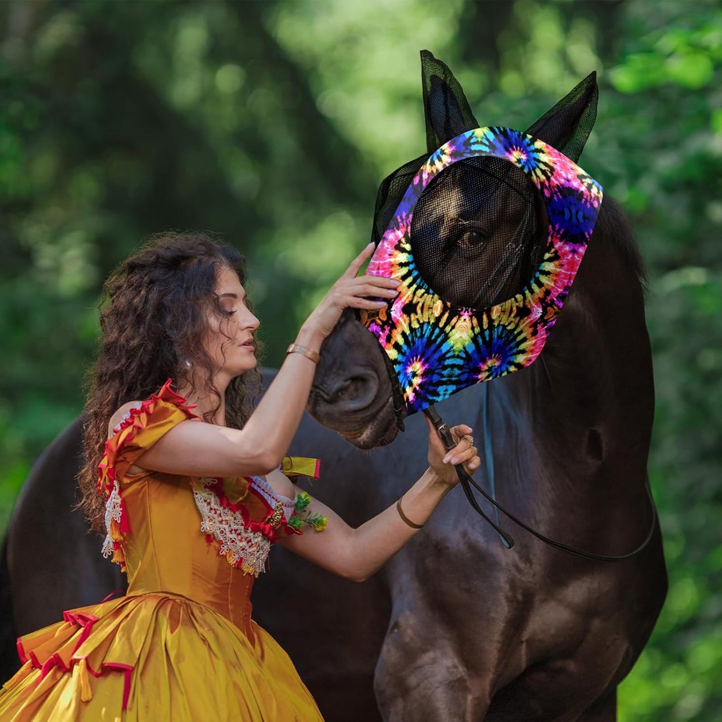 Qualirey12 Pieces Horse Fly Mask Bulk Comfortable Elasticity Mask for Horses with Ears Net UV Protection Breathable Face Covering for Pony and Foal(Large, Tie Dye Patterns)