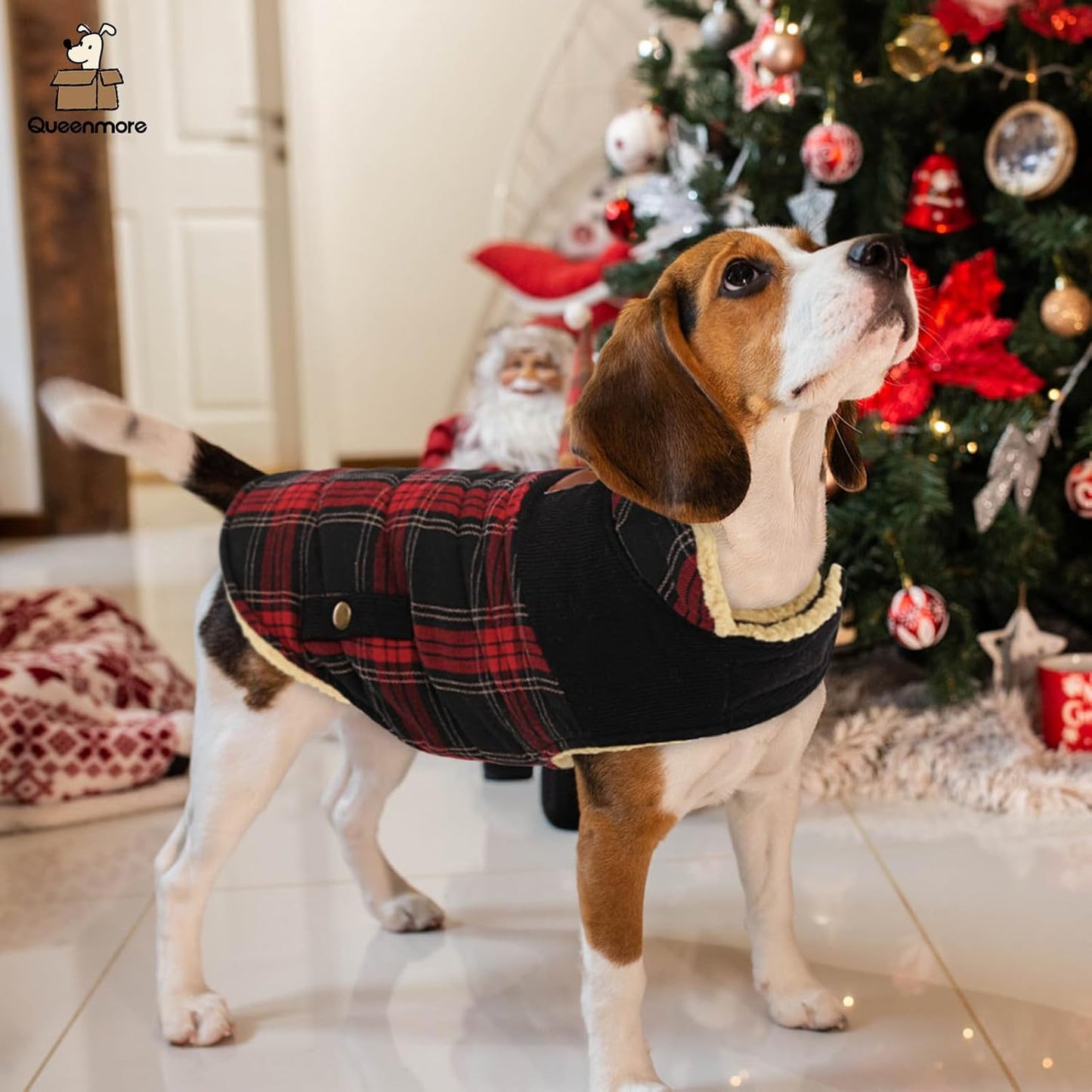 Queenmore Dog Winter Coat Warm Dog Jacket for Cold Weather, Quilting Puffer Plaid Coats for Small/Medium Dogs Waterproof,Girl/Boy Pet Christmas Coat,Pet Snowsuit with Leash Hole/Fleece Padding, S