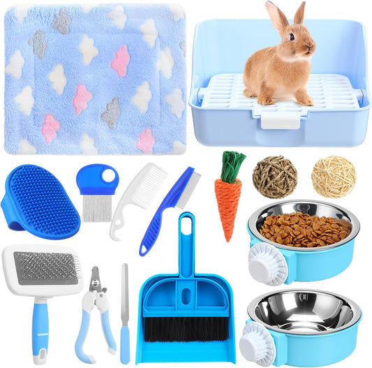 15 Pcs Rabbit Starter Kit Small Rabbit Litter Box Animal Grooming Kit Bunny Toys Bowl Blankets with Cleaning Set for Guinea Pig Accessories(Candy Blue)