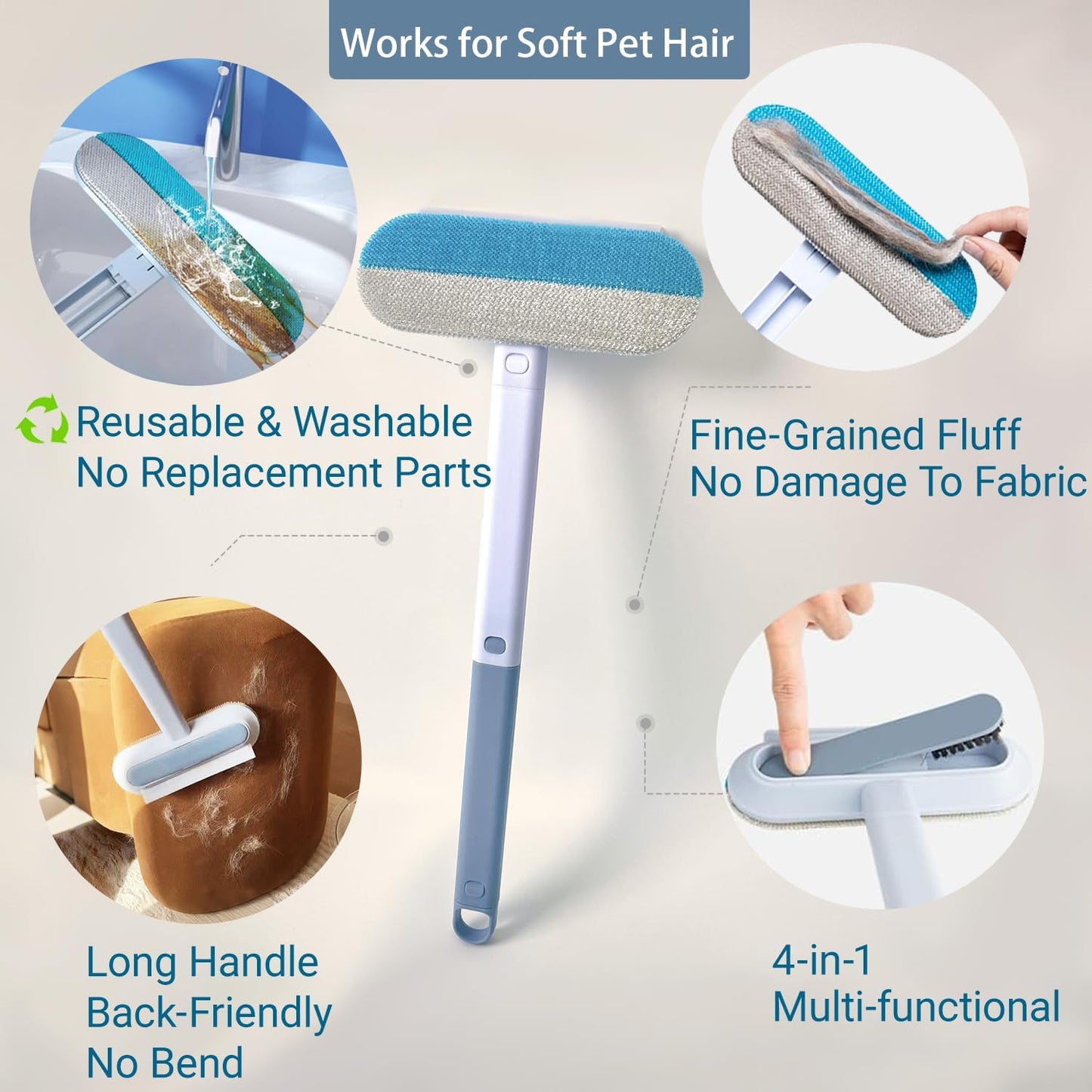 Pet Hair Remover for Furniture, Reusable Multifunctional Cat and Dog Hair Removal Tool, 17-Inch, Extra Long Handle, Gentle on Couch, Carpet, Clothes, Bedding, Tile, Car Seats