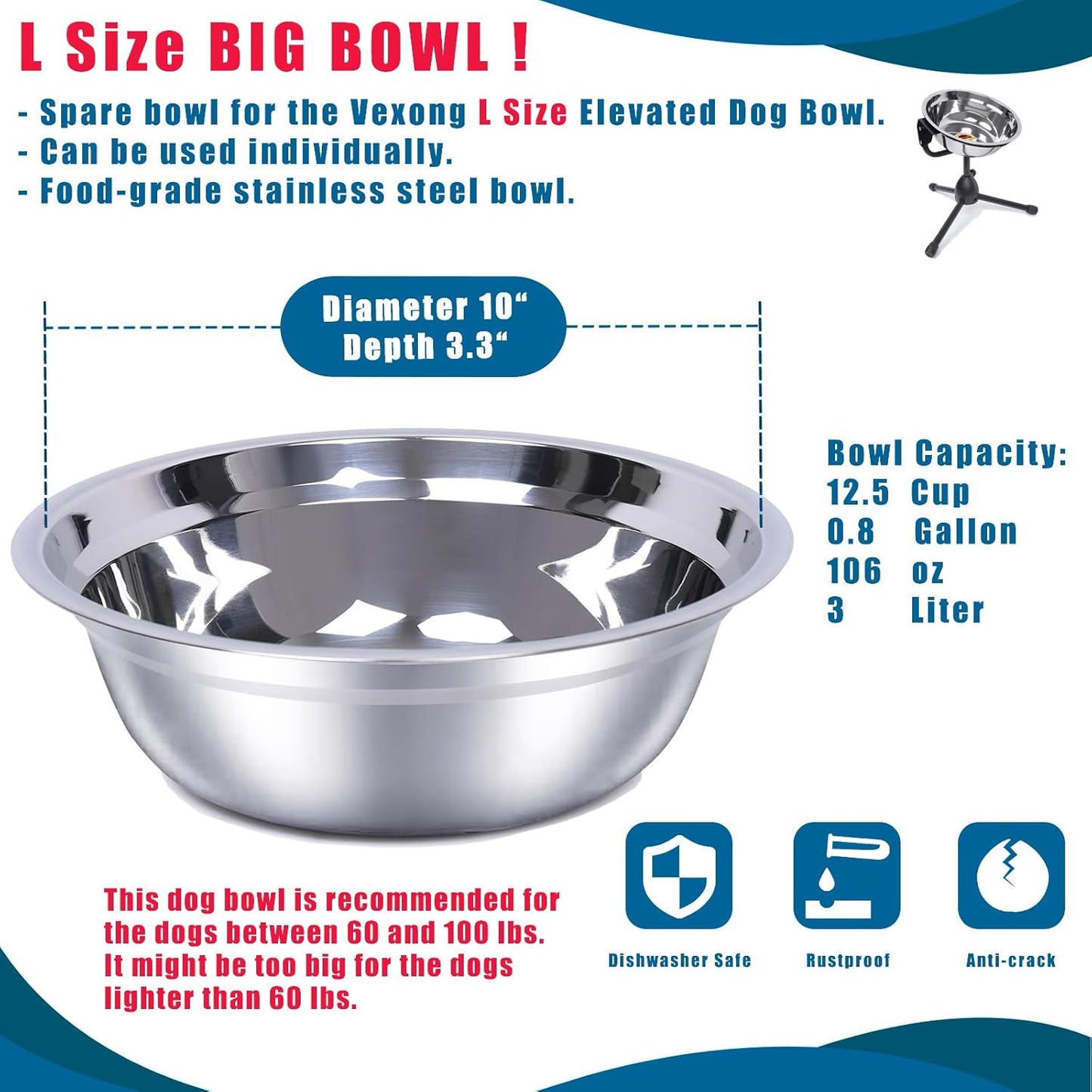 2 Pack, L Size Bowls, Matches Vexong L Size Elevated Dog Bowl Stand, for Dogs Between 60 and 100 lb, Stainless Steel Dog Bowl, Capacity 0.8 Gal / 12.5 Cup / 106 Oz / 3 Liter, Rustproof, Durable,