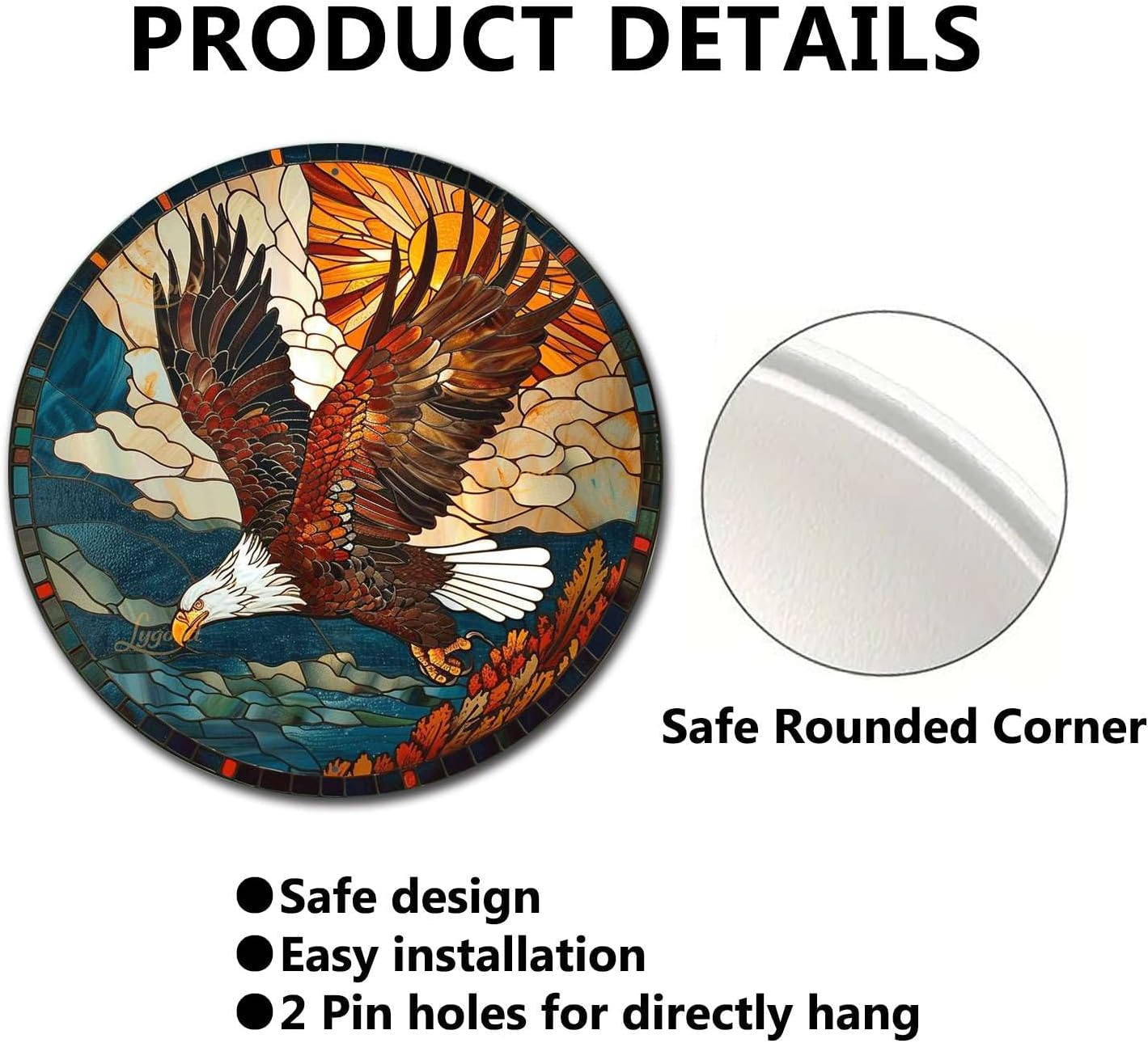 Lygond Metal Sign Tin Sign Circular Stained Glass American Bald Eagle Tin Signs for Garden for Gift 8×8 Inches