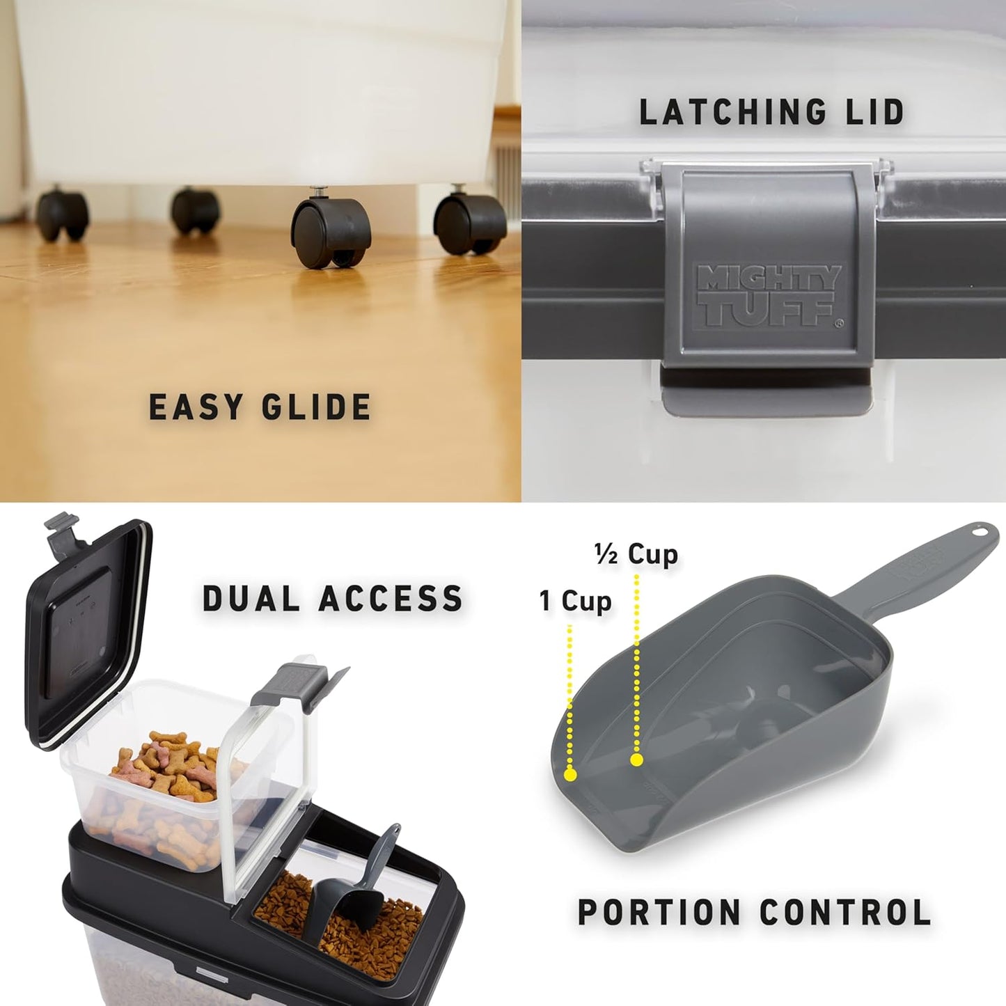 Mighty Tuff 3 Piece Airtight Dog Food Storage Container, Up to 36 lbs, with 5 lbs Dog Treat Container and Portion Scoop – BPA Free Airtight Pet Food Bin on Wheels