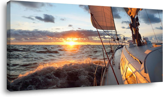 Yacht Sailing in Sea at Sunset Scenery Canvas Wall Art for Living Room Bathroom,Close-up View of Deck Mast Sails Picture Print Artwork Painting Decor,Epic Seascape Scenic Landscape,Inner Frame 24x48