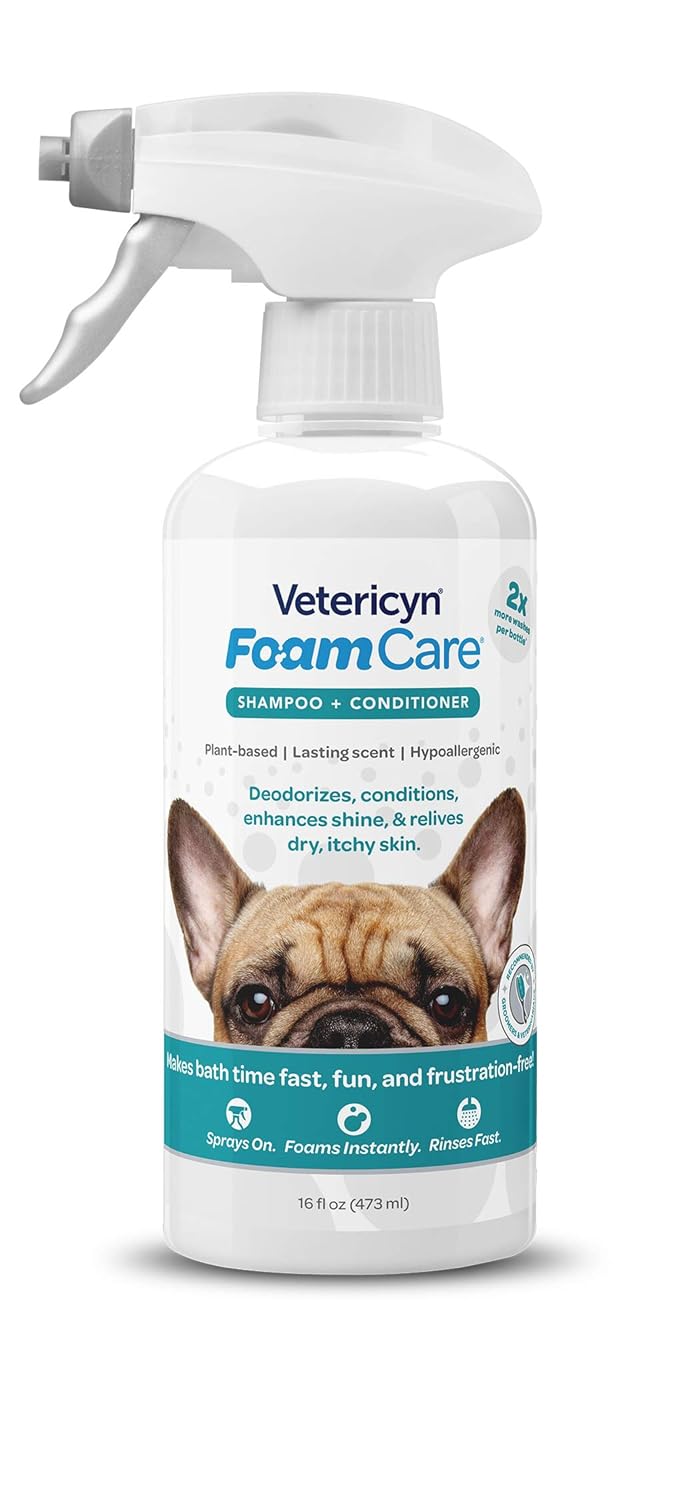 Vetericyn FoamCare Dog Shampoo and Conditioner - Instant Foaming, Spray-On Hypoallergenic Shampoo, Plant-Based Formula for Dogs and Cats. 16 Ounce