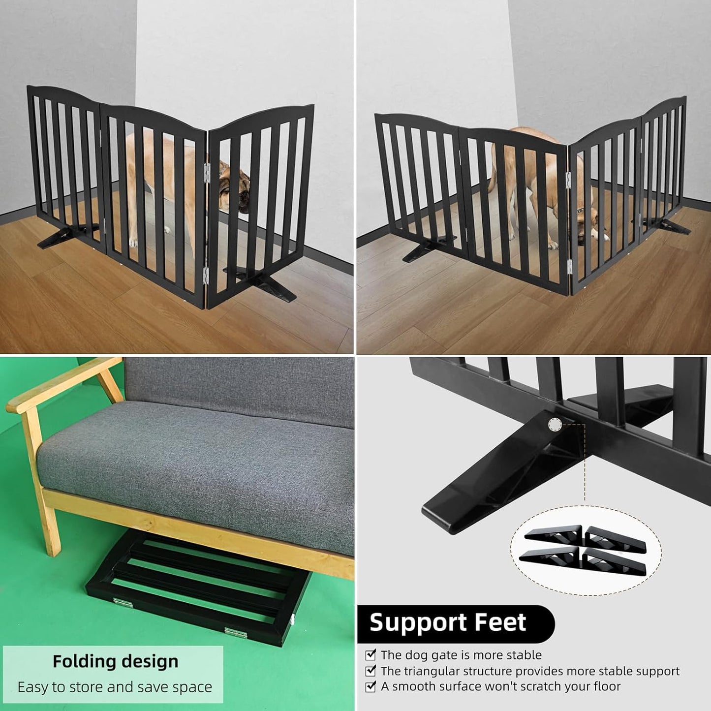 ZJSF Foldable Freestanding Indoor Dog Gate for House Wood Long Pet Gates Dog Fence for Stairs Puppy Gates for Hallways, Puppy Gate,Support Feet Included, Black, 32 "Height-3 Panels