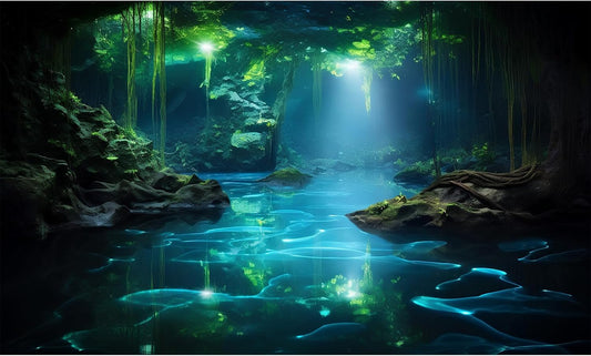 Cave Aquarium Background Underwater Cave with Light Beam Tranquil Stream Terrarium Background Mysterious Elegant Fantasy Tropical Plants Fish Tank Backdrop Wallpaper Poster Decorations Vinyl 72x24in