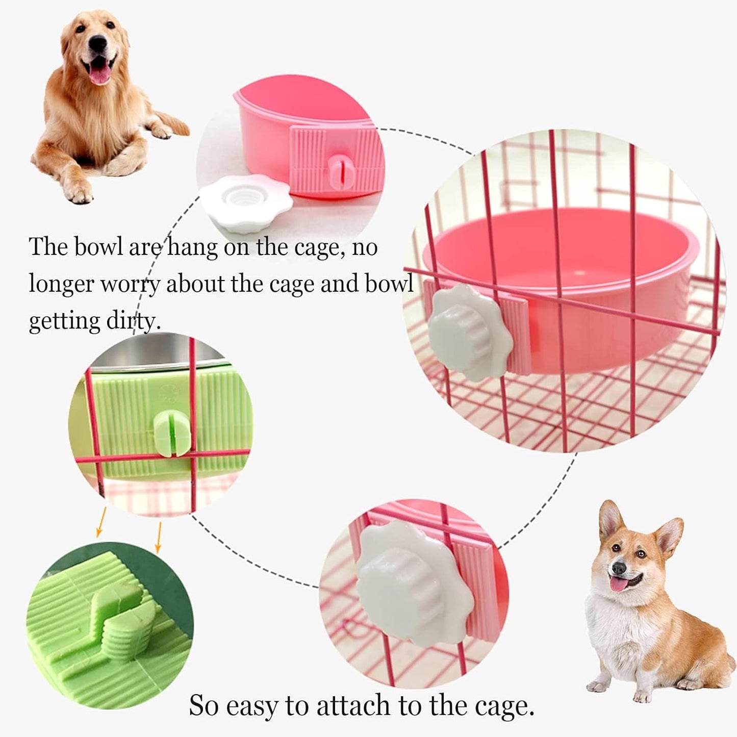 kathson Crate Dog Bowl, Removable Stainless Steel Hanging Pet Cage Bowl Food & Water Feeder Coop Cup for Cat, Puppy, Birds, Rats, Guinea Pigs 6pcs(2×Blue,2×Green,2×Pink)