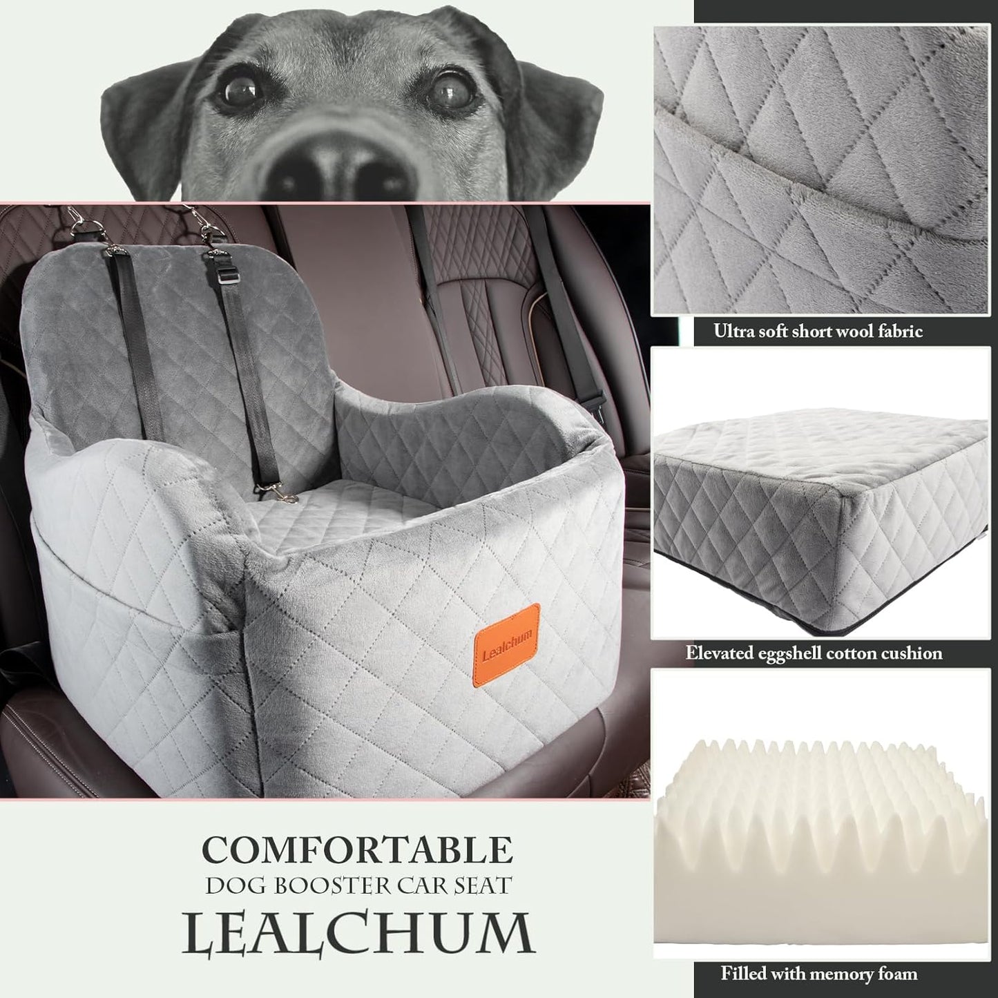 Dog Booster Car Seat for Small/Medium Dogs Up to 35lbs,Ultra Soft Fabric Covered,6in Elevated Cushion,Fully Detachable and Washable,3 Straps & 2 Pockets,Easy to Install(Grey,Medium)