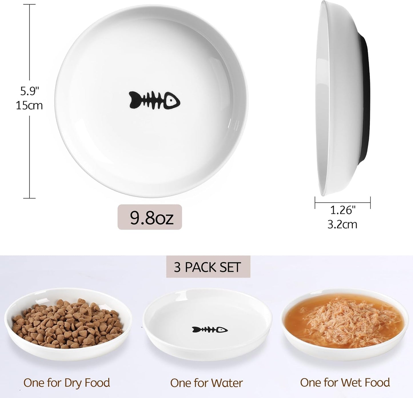 No Spill Cat Bowls,Cat Food Bowl,Anti Whisker Fatigue Healthy Ceramic Cats Dishes Set for Indoor Cats,Shallow Wide Kitten Plates for Food and Water,Non-Slip Silicone Bottom,3 Pack