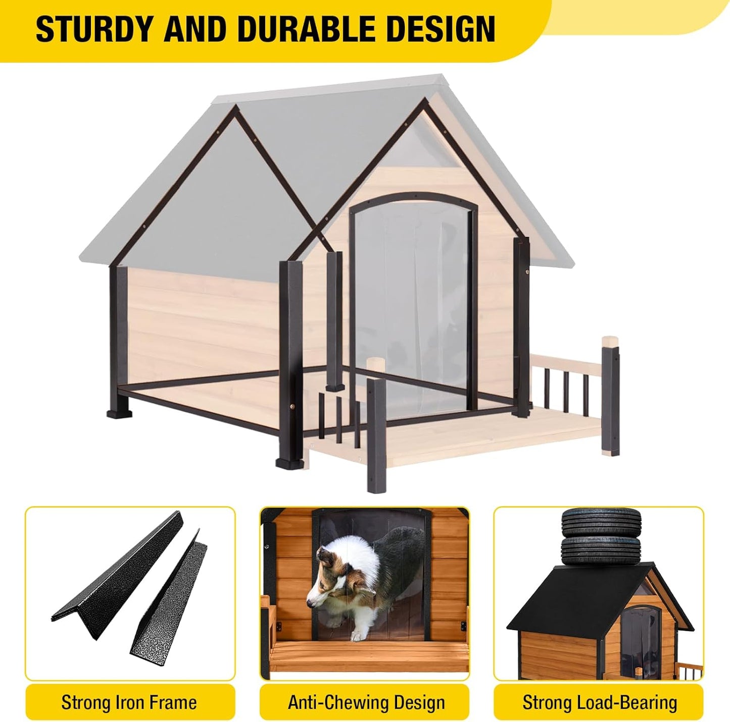 Outdoor Heated Dog House with All-Around Insulated Liner Weatherproof Puppy Shelter Indoor Dog Kennel, Anti-Bite Dog Home for Large Breed with Porch (Brown-2, 50.8" D x 37.4" W x 37.2" H)
