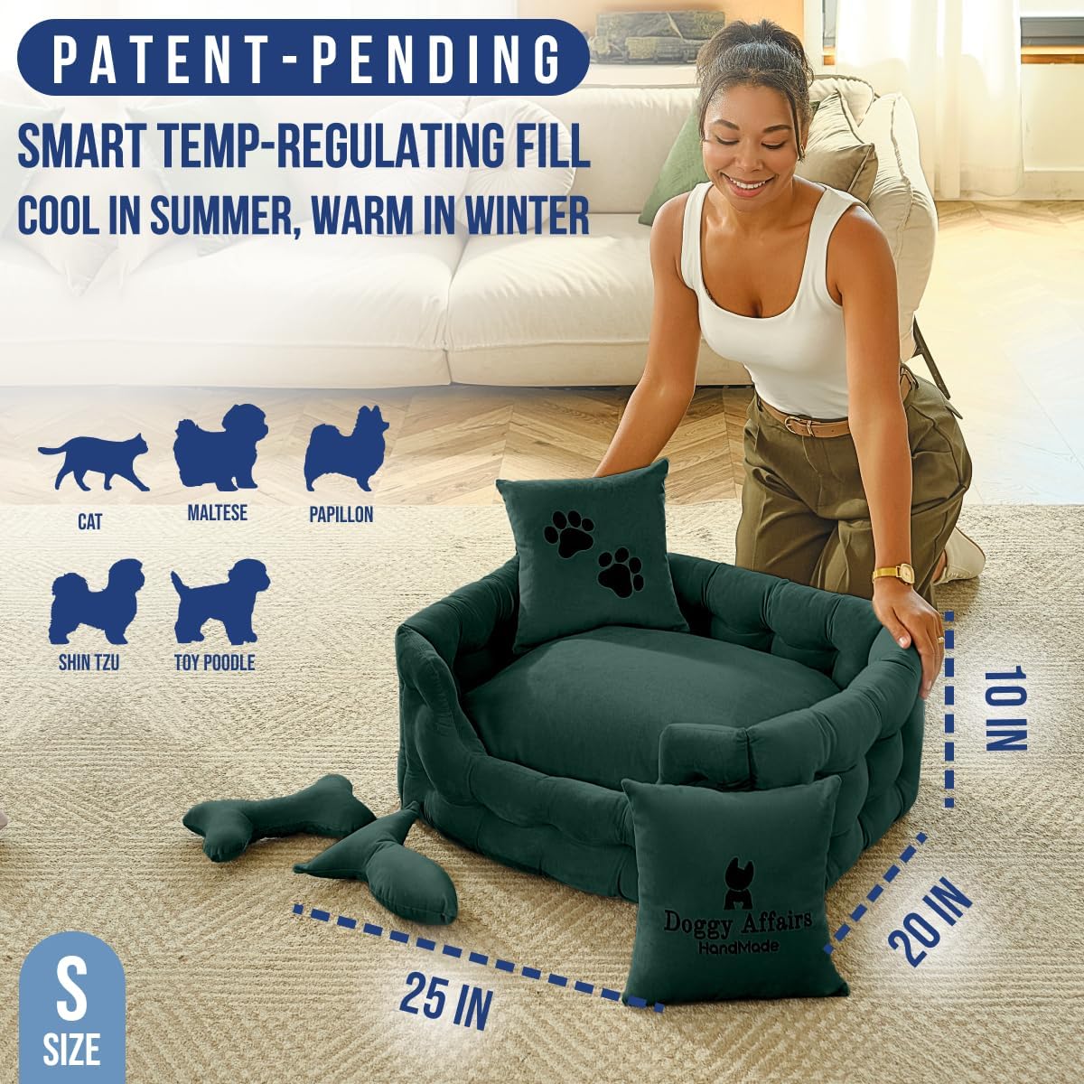 Luxury Cat and Dog Bed Chesterfield – Handcrafted Velvet Throne for Dogs | Joint Support, Calming & Temp-Regulating Comfort | Durable 5+ Years, Anti-Claw, Washable 100+ Times – S, Green