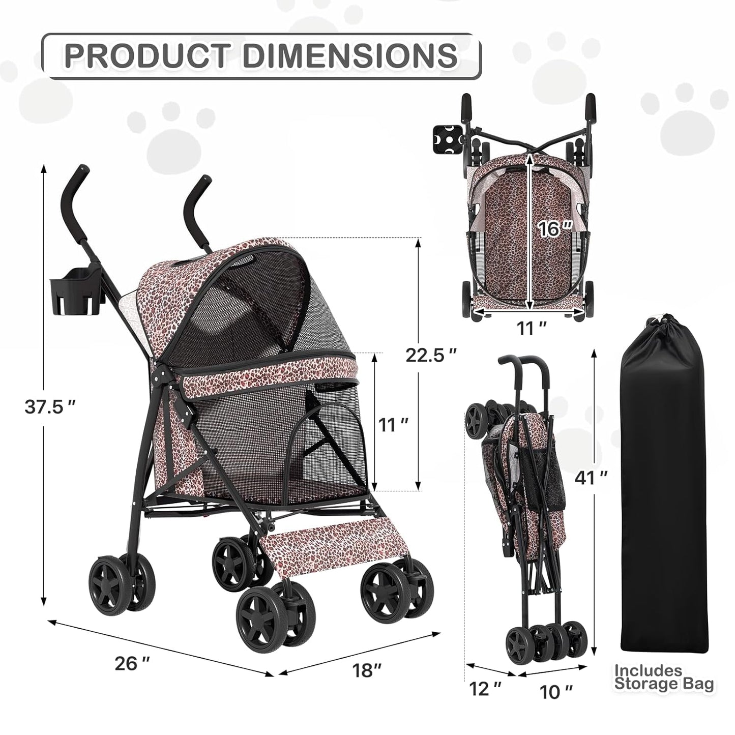 MoNiBloom 4 Wheels Pet Stroller, Easy-Fold Umbrella Shaped Dog Cat Jogger Stroller w/Storage Bag & Visible Mesh for Small/Medium Dogs Cats Leopard Print