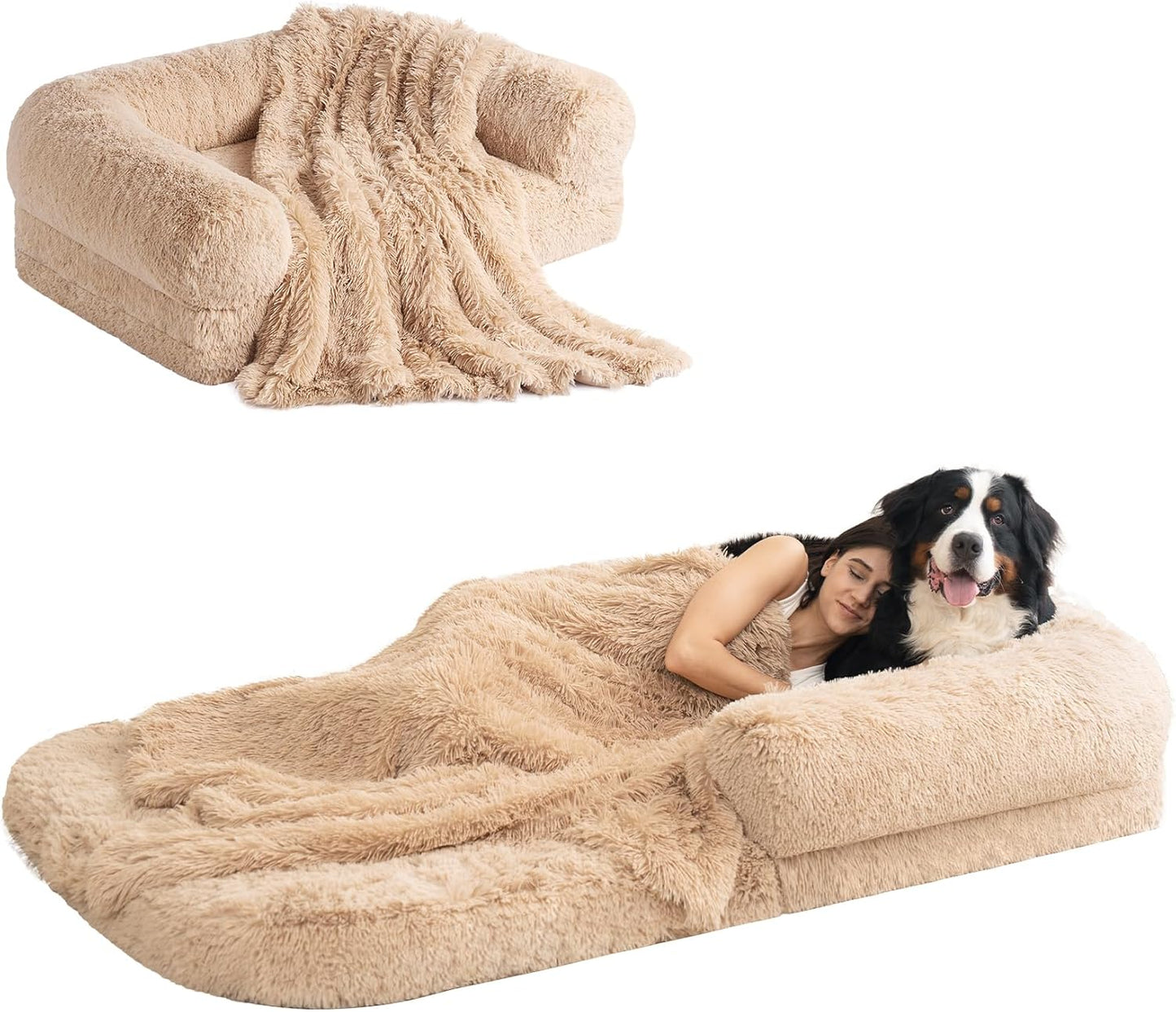 EHEYCIGA Foldable Human Dog Bed, Orthopedic Memory Foam Human Sized Dog Bed, Waterproof Pet Bed for People, Faux Fur Pet Couch for Adult, Camel, 72"x44"x11"