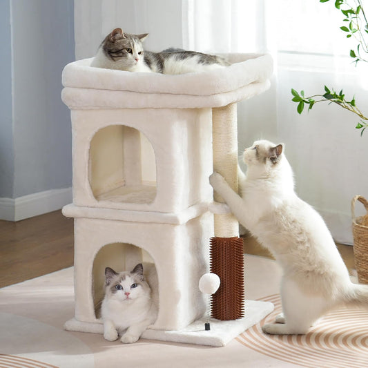 Cat Tree with Large Top Bed 17.7x15.7” Small Cat Tower with Dual Condos,28” Fully Scratching Post and Self Groomer for Indoor Cats-Beige