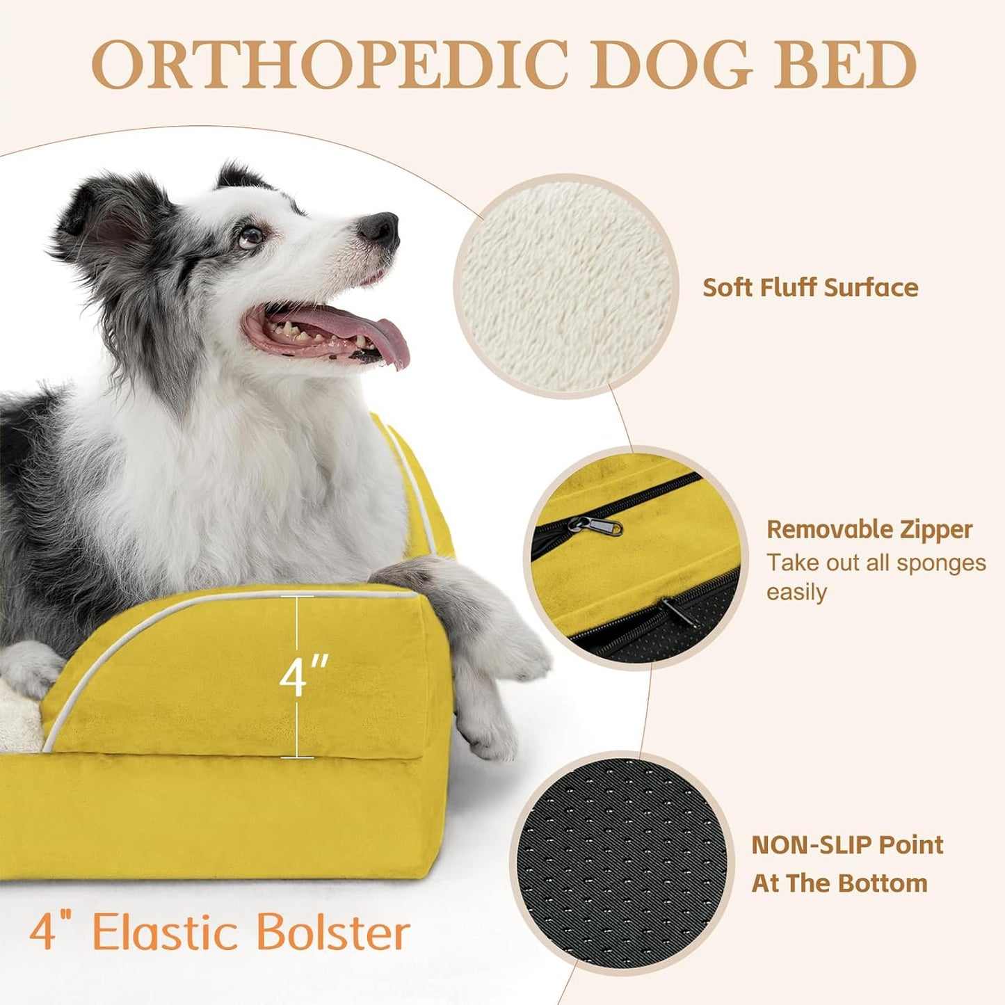 Comfort Expression Large Dog Beds Waterproof Orthopedic Foam Dog Sofa Beds Comfy Pet Bed with Washable Removable Cover & Non-Slip Bottom(Large,Spicy Mustard)