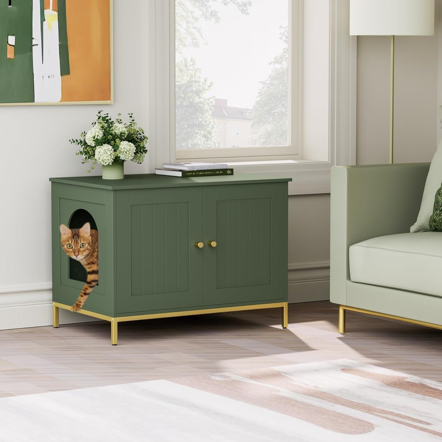 Homhedy Cat Litter Box Enclosure, Cat Washroom Furniture with Metal Frame, Pet House, Fit Most of Litter Box, Modern Style, Green and Gold