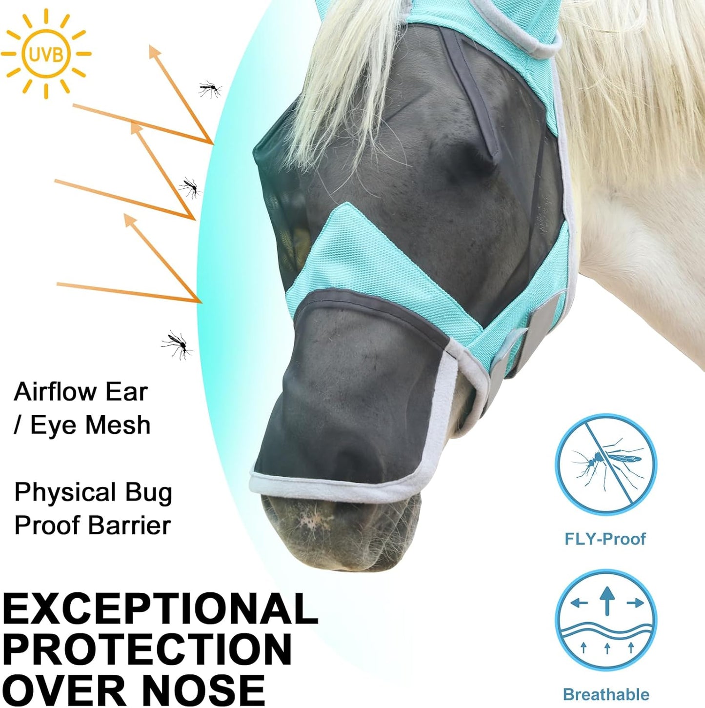 Horse Fly Mask with Ears & Long Nose Cover | Forelock Opening for Tangle-Free Mane Care | UV Protection & Breathable Mesh | No Rub Fit and Enhanced Visbility for Trail Riding Turquoise Cob