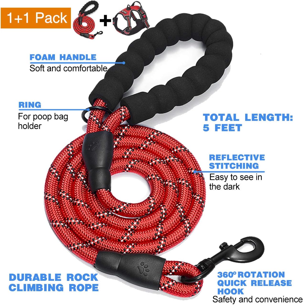 No Pull Dog Harness Adjustable Reflective Oxford Easy Control Medium Large Dog Harness with A Free Heavy Duty 5ft Dog Leash (XL (Neck: 21.5"-33", Chest: 30"-39.5"), Red Harness+Leash)