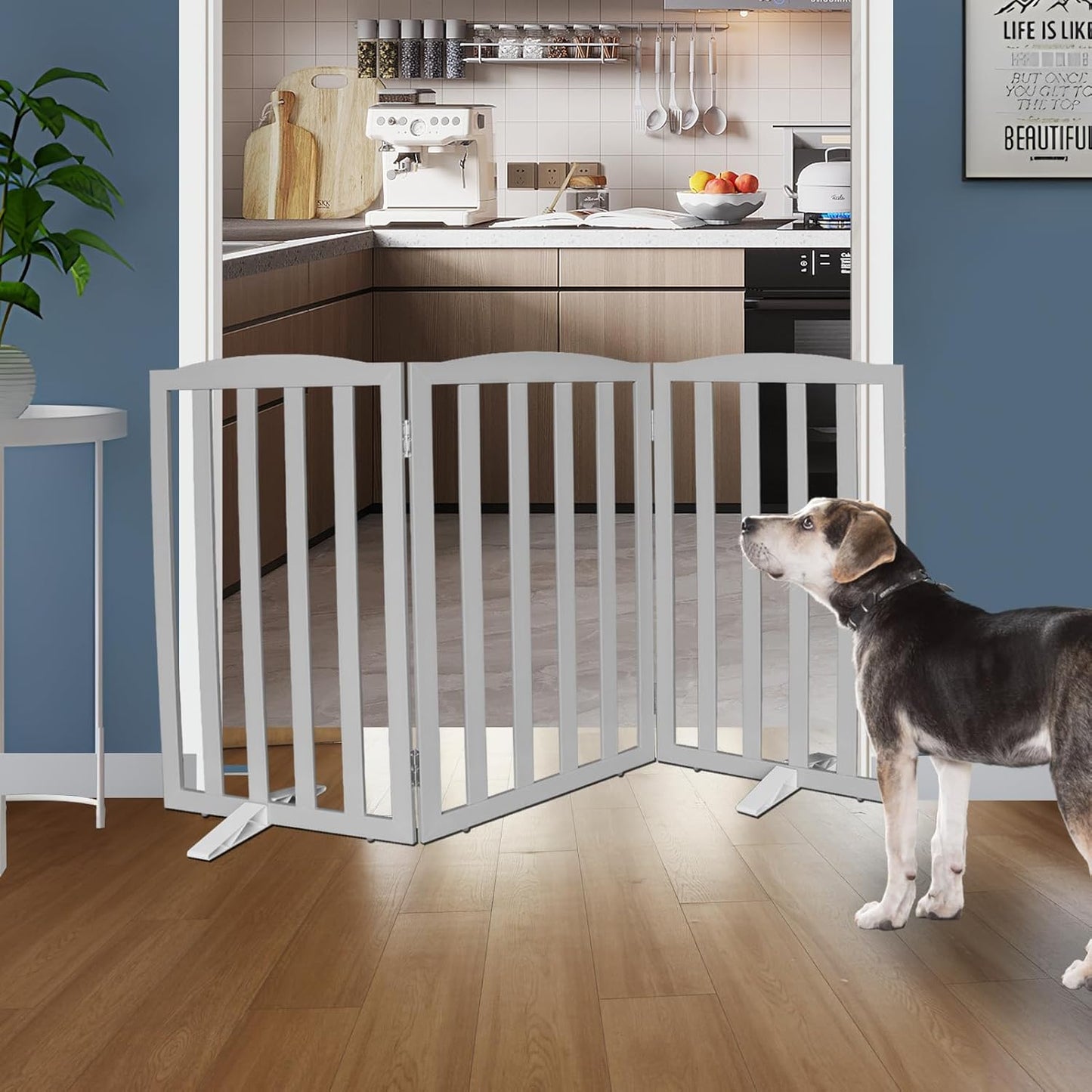ZJSF Foldable Freestanding Indoor Dog Gate for House Wood Long Pet Gates Dog Fence for Stairs Puppy Gates for Hallways, Puppy Gate,Support Feet Included, Grey, 32 "Height-3 Panels