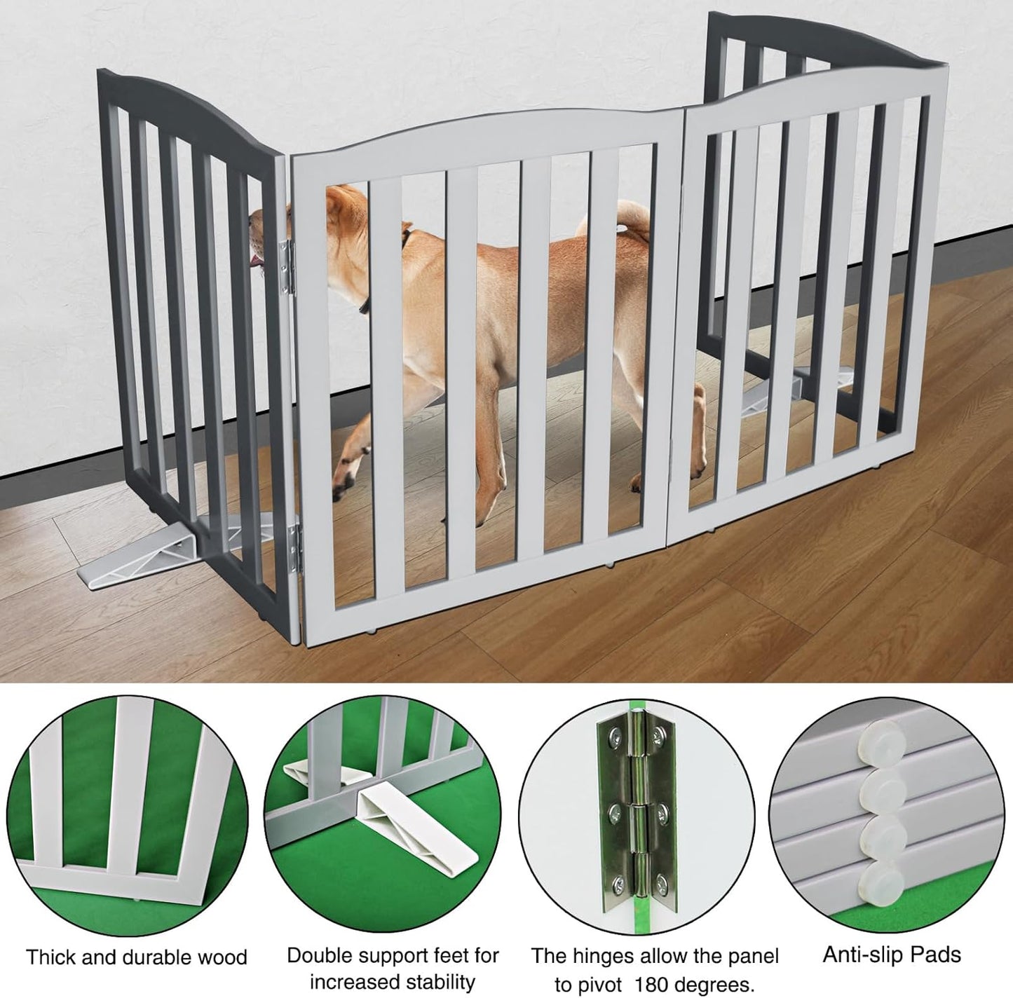 ZJSF Foldable Freestanding Indoor Dog Gate for House Wood Long Pet Gates Dog Fence for Stairs Puppy Gates for Hallways, Puppy Gate,Support Feet Included, Grey, 32 "Height-4 Panels