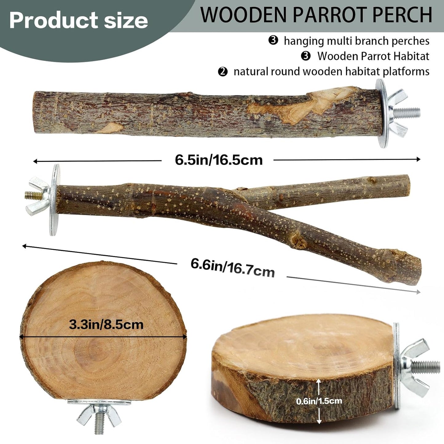 Natural Wood Bird Perches for Cage, Parrot Perch Stand & Platform, Bird Cage Accessories for Parakeets, Cockatiels, Conures, Lovebirds (Brown, Core Perch & Platform - 8PCS)