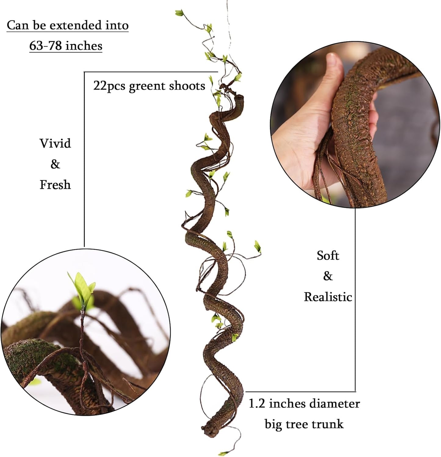 63in Bendable Thick Artificial Tree Branches Faux Wood Tree Trunk Twigs Grapevines Moss Plants Garland With Green Leaves For Wall Hanging Reptile Climbing Halloween Outdoor Arch Home Garden Decoration