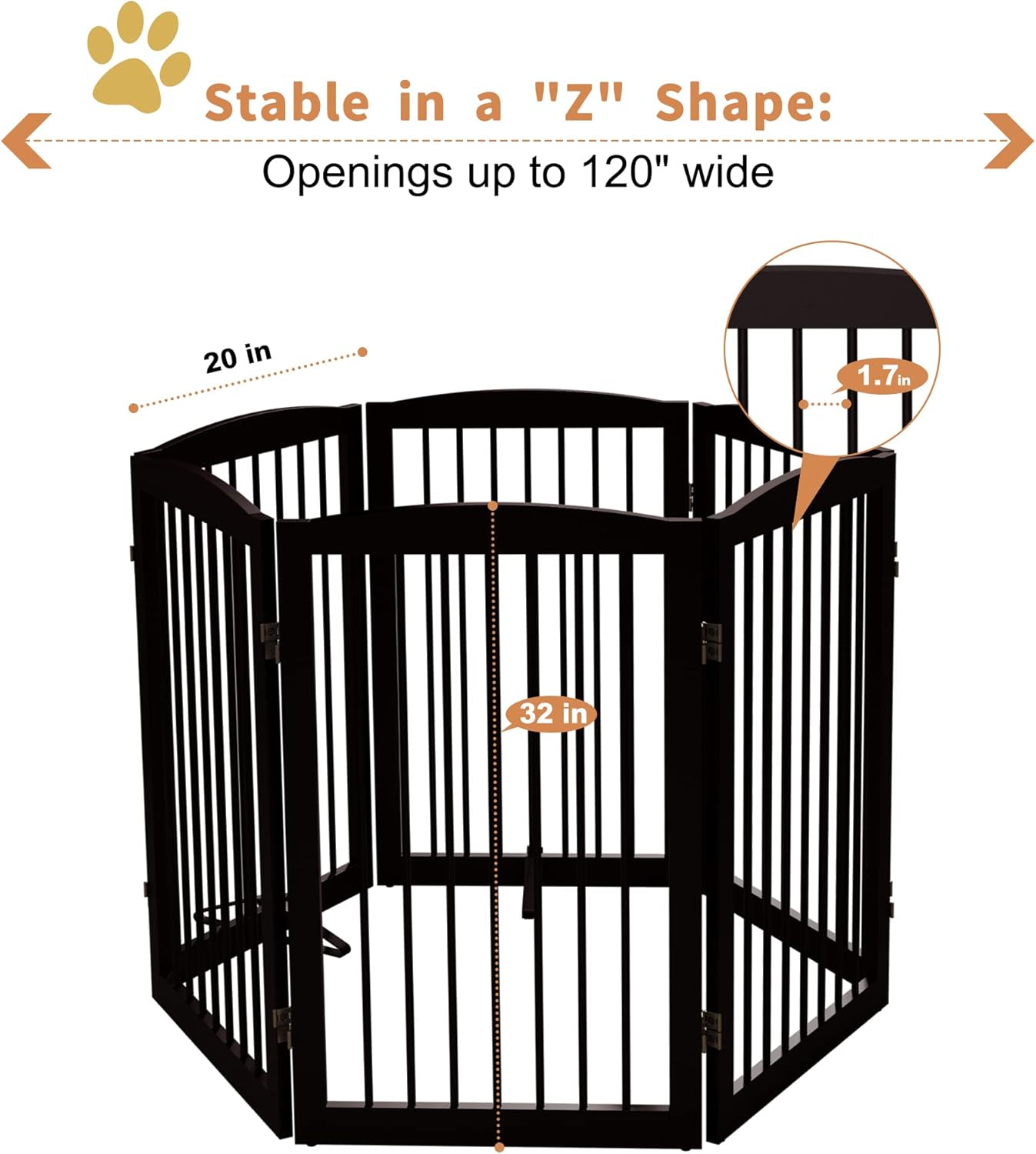 Freestanding Pet Gate for Dogs, Indoor Wooden Foldable Dog Gate for House, Extra Wide, Pet Fence for Stairs, Doorways, Halls, Support Feet Included, 120 Inch Wide, 6 Panels 32",Brown