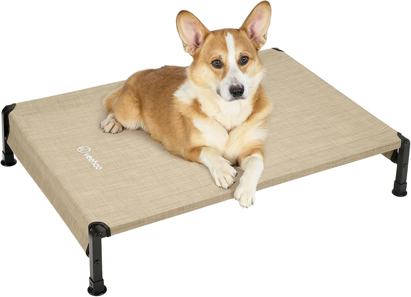 Veehoo Cooling Outdoor Dog Bed, Heavy Duty Elevated Pet Bed with Washable & Breathable Teslin Mesh, Non-Slip Silicon Feet, Dog Cot Bed with Support Hem, 35" x 22", Beige Coffee, CWC2433