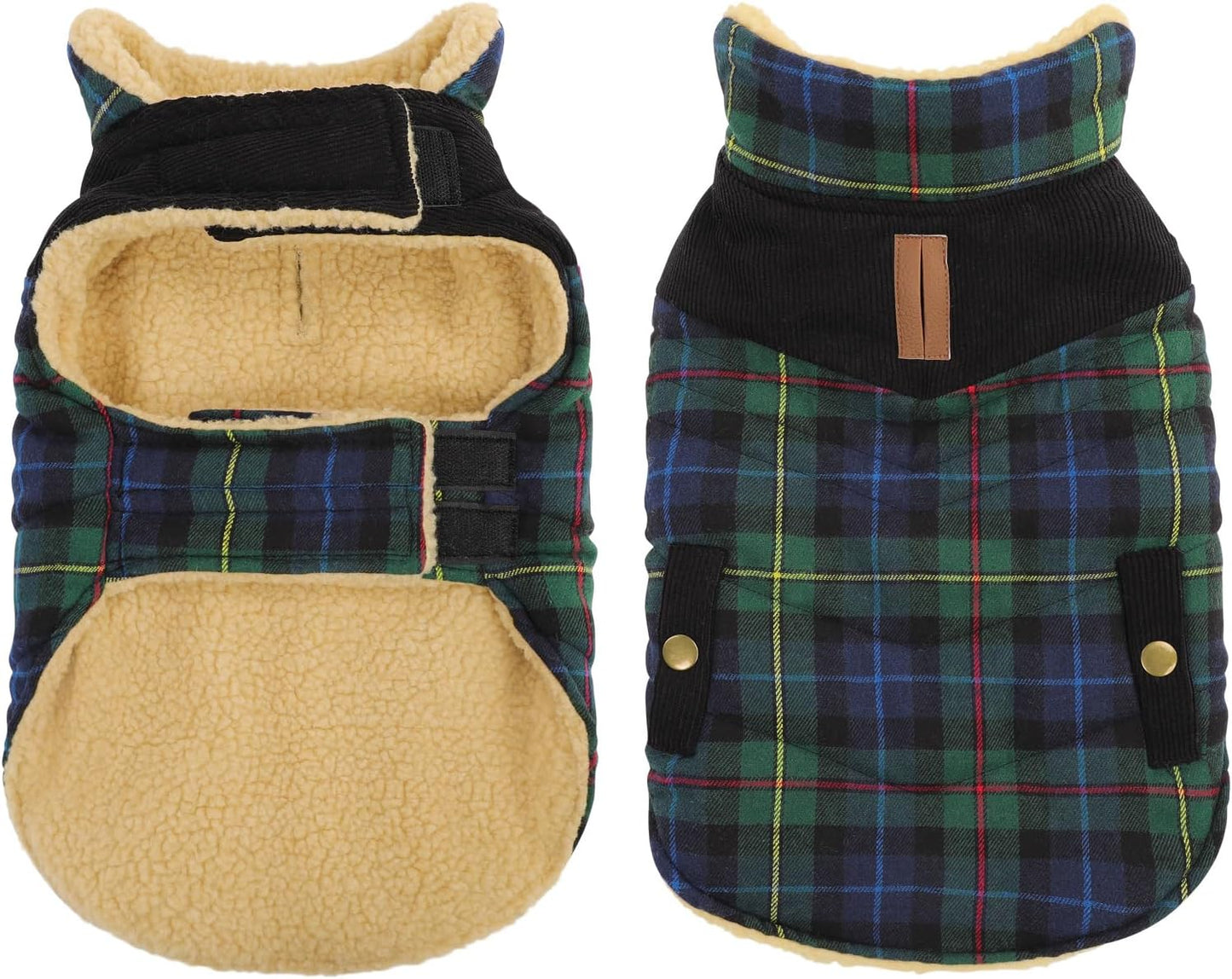 Queenmore Dog Winter Coat Warm Dog Jacket for Cold Weather, Quilting Puffer Plaid Coats for Small/Medium Dogs Waterproof,Girl/Boy Pet Christmas Coat,Pet Snowsuit with Leash Hole/Fleece Padding, XS