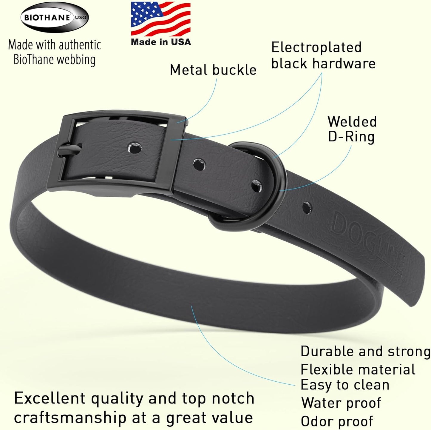 Dogline Biothane Waterproof Dog Collar Strong Coated Nylon Webbing with Black Hardware Odor- Proof for Easy Care Easy to Clean High Performance Fits Small Medium or Large Dogs, Black