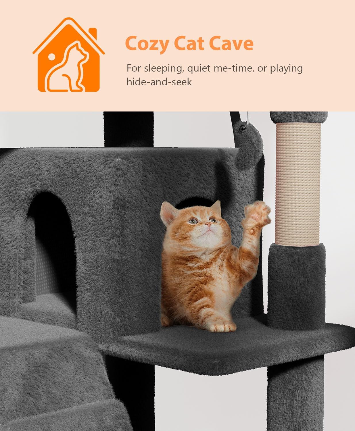 77'' Cat Tree Tower for Indoor Cats Large Adult, Cute/Tall Modern Cat Tree for Big Cats 20 lbs, Plush Multi-Level Cat Condo with Scratching Posts, Dangling Ball (Smoky Gray, 77 inch)