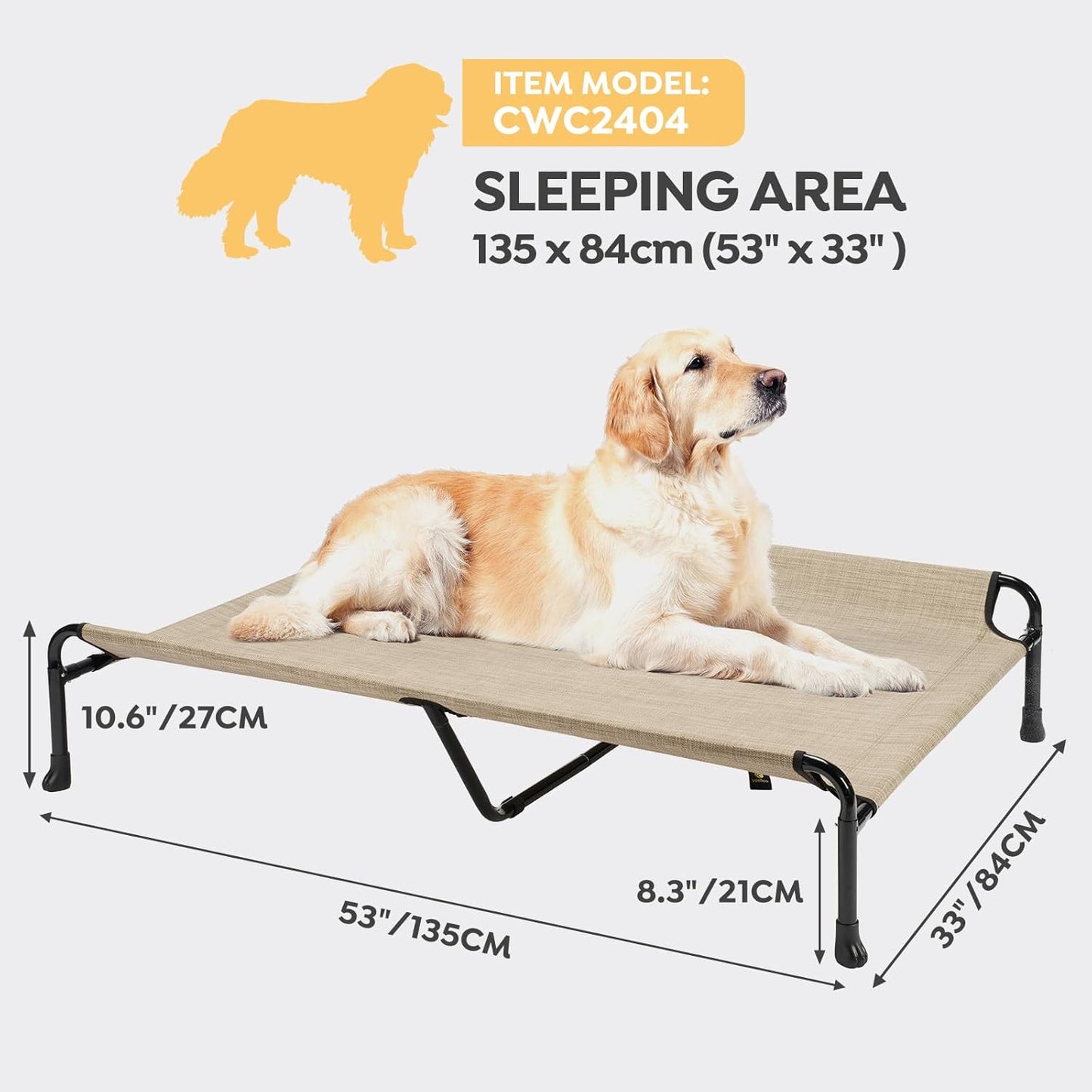 Veehoo Cooling Elevated Dog Bed - Raised for Large Dogs, Outdoor With Guardrail, Upgraded Non-Slip Feet, Breathable Teslin Mesh, Portable Camping Cot, 53 x 33 Inches, Beige Coffee