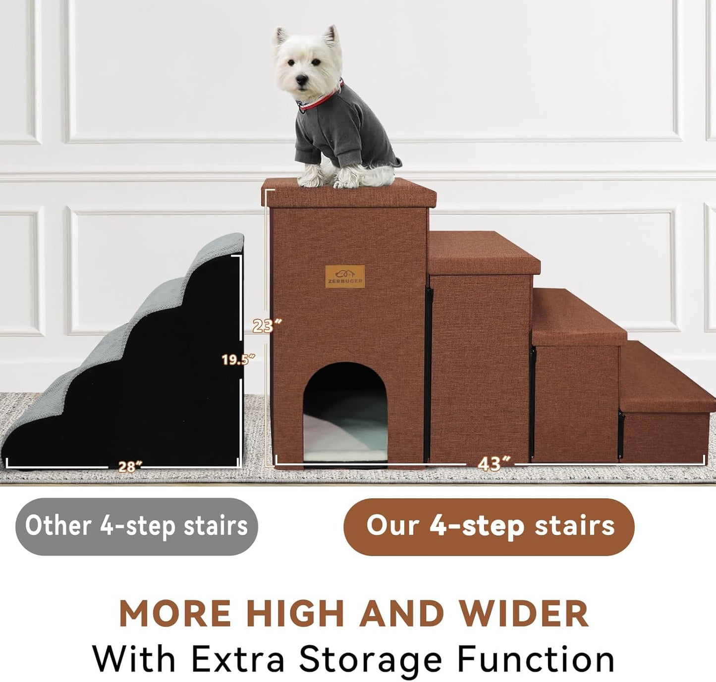 Dog Stairs with Condo 23" H, 4-Step Wider Dog Steps for High Beds Window, Folding Storage Pet Stairs Gift for Small/Medium/Large Old Dogs Cats, Ramp for Climbing Car Hold Up to 200 lbs, Brown