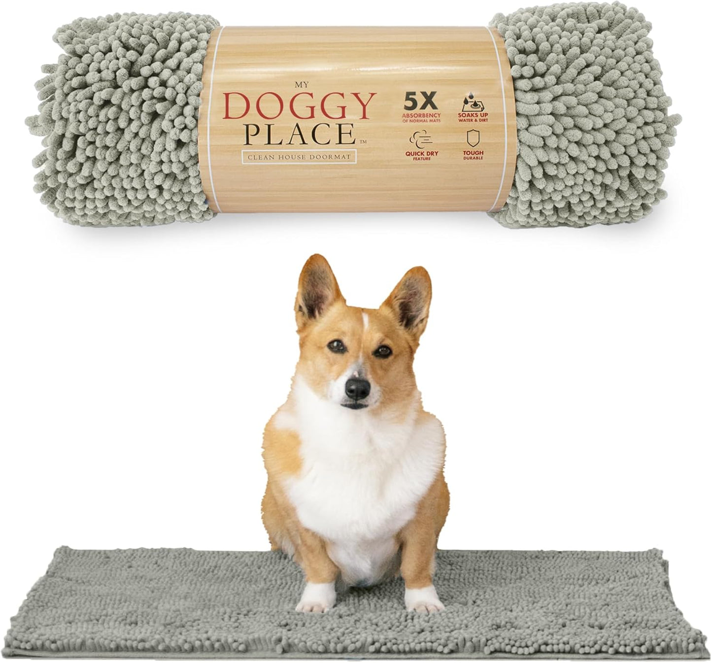 My Doggy Place Microfiber Dog Mat for Muddy Paws, 31" x 20" Light Gray - Absorbent and Quick-Drying Dog Paw Cleaning Mat, Washer and Dryer Safe - Non-Slip Rubber Backed Dog Floor Mat, Medium