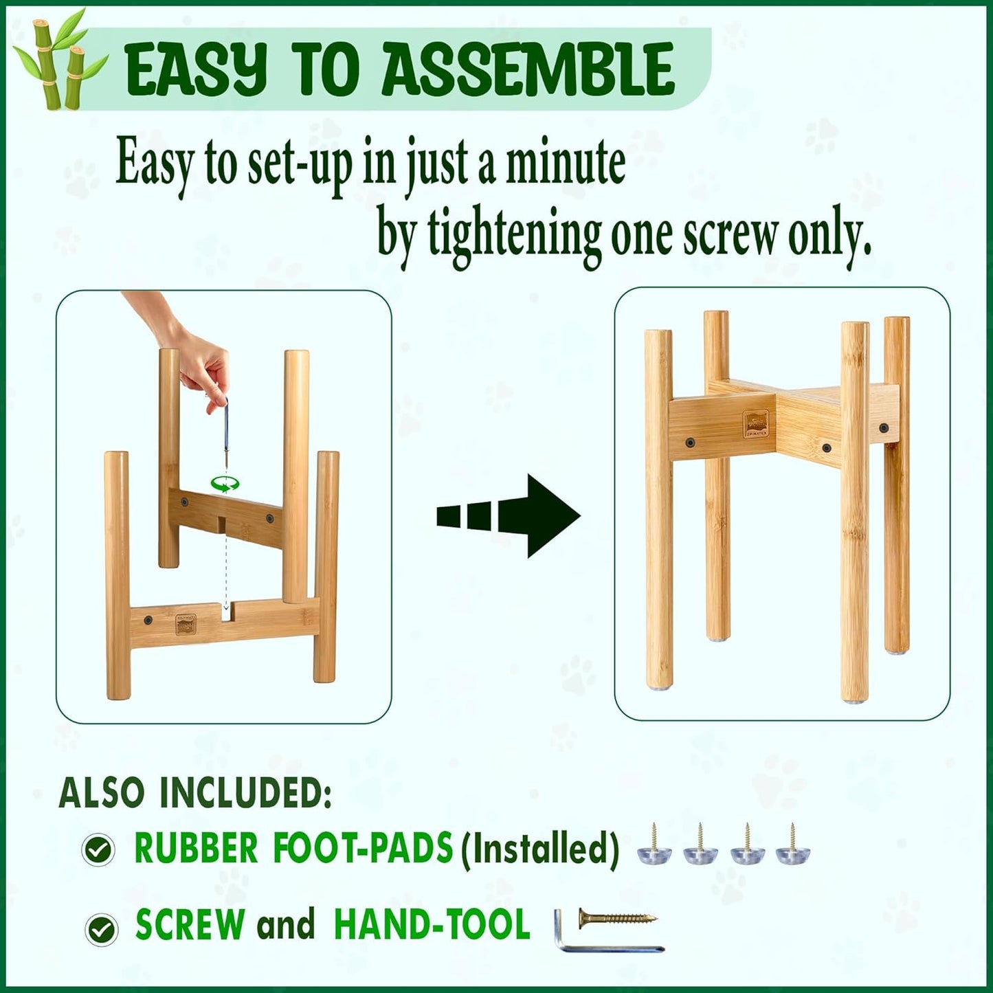 Dog Bowl Stand for Large Breed - 14-inch High, Adjustable Sideways to Fit Various Sizes of Pet Food/Water Bowls, Slow Feeders, and Drink Fountains - Bamboo