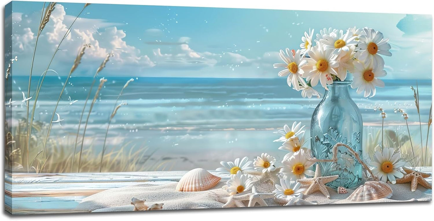 Large Beach Wall Art for Living Room Flower Daisy Art Big Space Size Framed Ocean Shell Canvas Prints Blue Pictures Painting Artwork Office Bedroom Home Decor 60"x30"